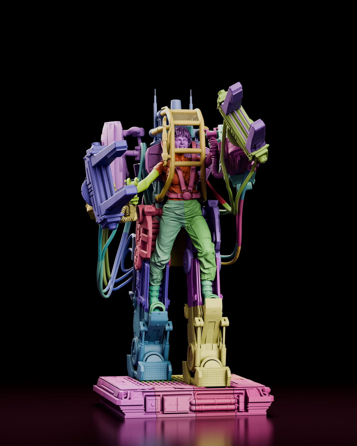 Parts breakdown render of the Ripley in the Power Loader figure model kit with each separate component shown in a different colour