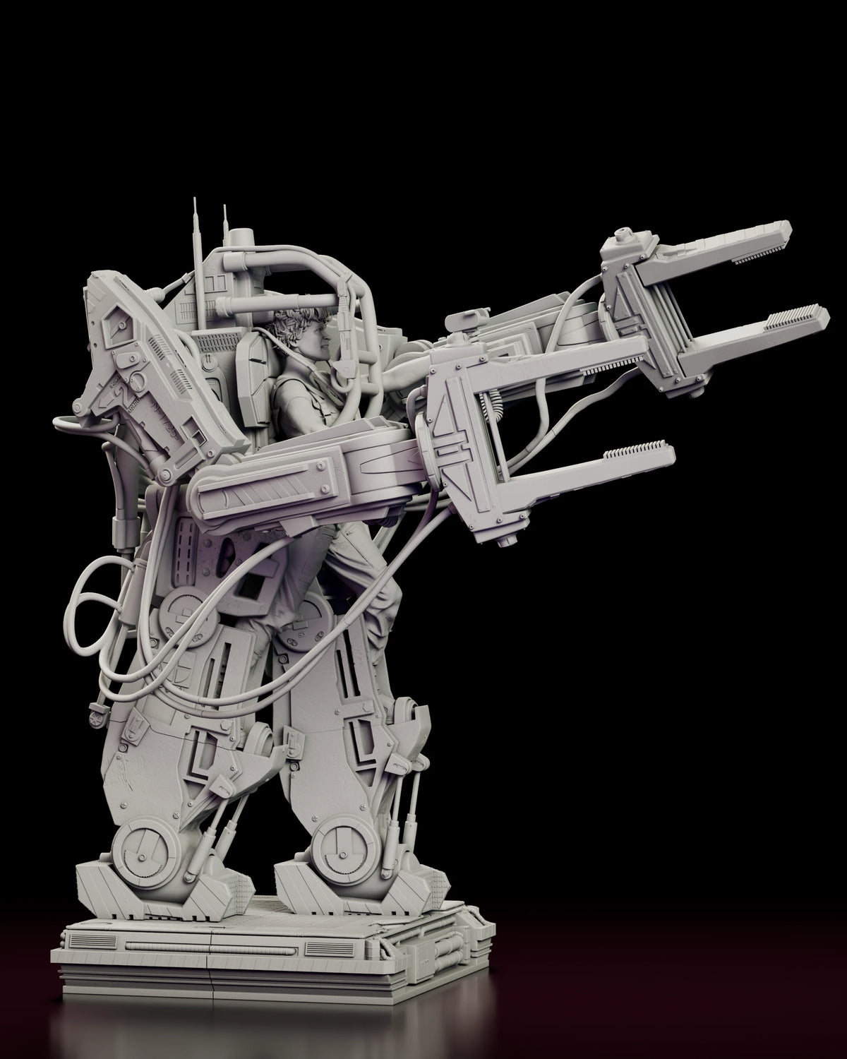 Right side view of the Ripley in the Power Loader figure model kit showing the piston legs and hose runs along the exosuit frame