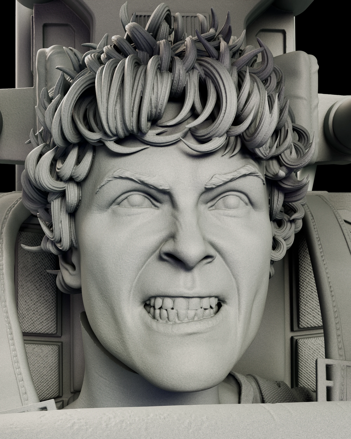 Head study of Ripley with teeth bared and brows drawn down framed by the roll bars of the power loader cage