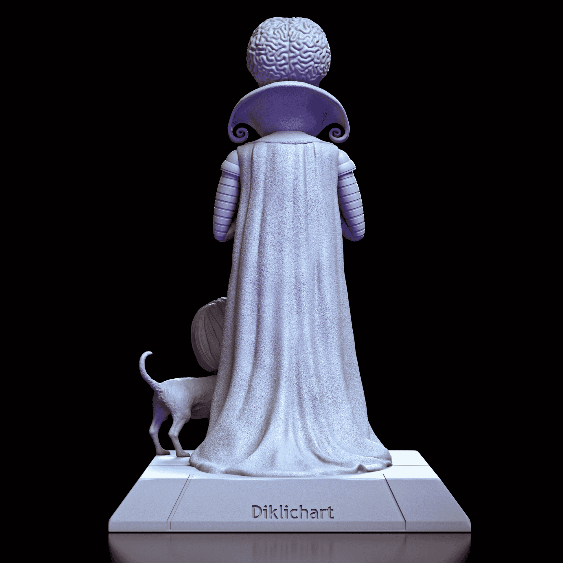 Back view of the Mars Attacks! Martian Leader and Natalie Lake Dog maquette showing the draping textured cloak and detailed brain-like cranium