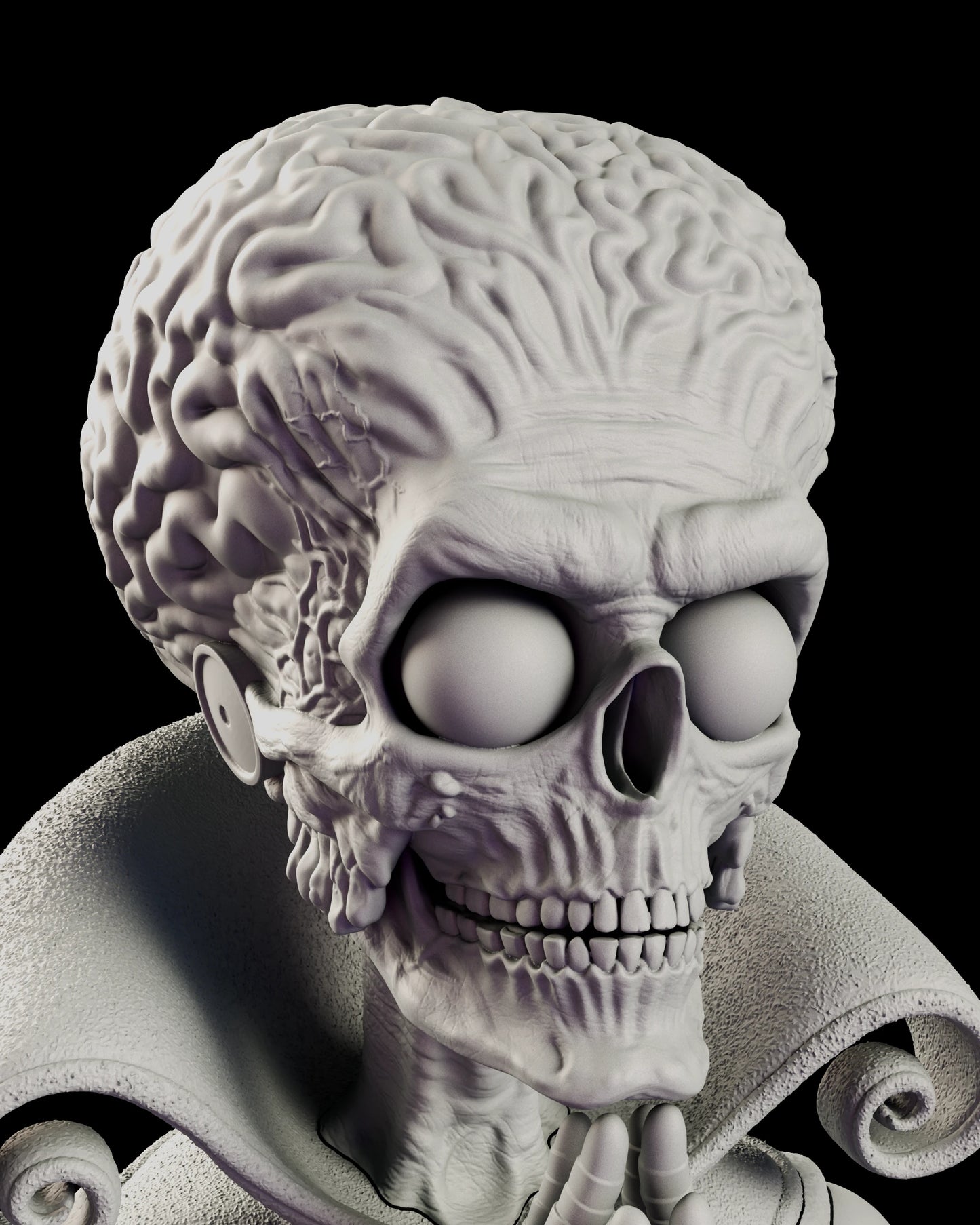 Portrait view of the Mars Attacks figure model kit showing the Martian exposed brain, hollow eyes and bared skull teeth above the curled collar