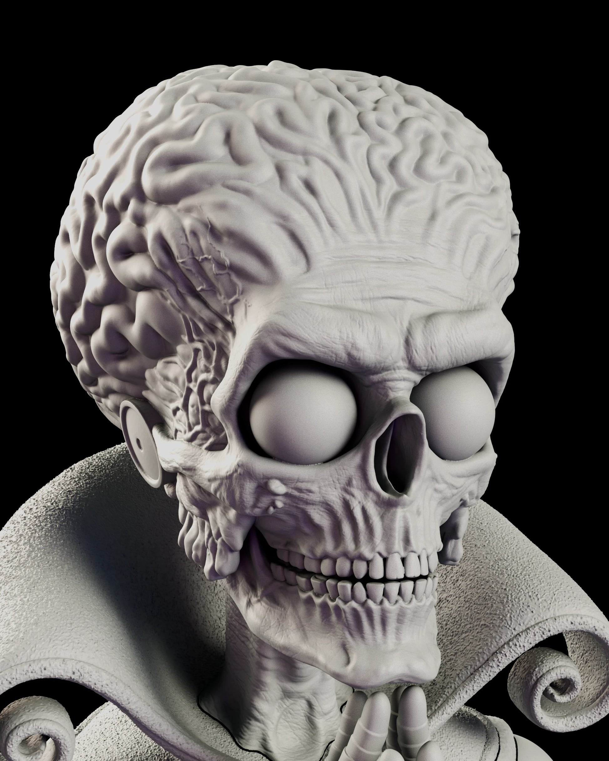 Portrait view of the Mars Attacks figure model kit showing the Martian exposed brain, hollow eyes and bared skull teeth above the curled collar