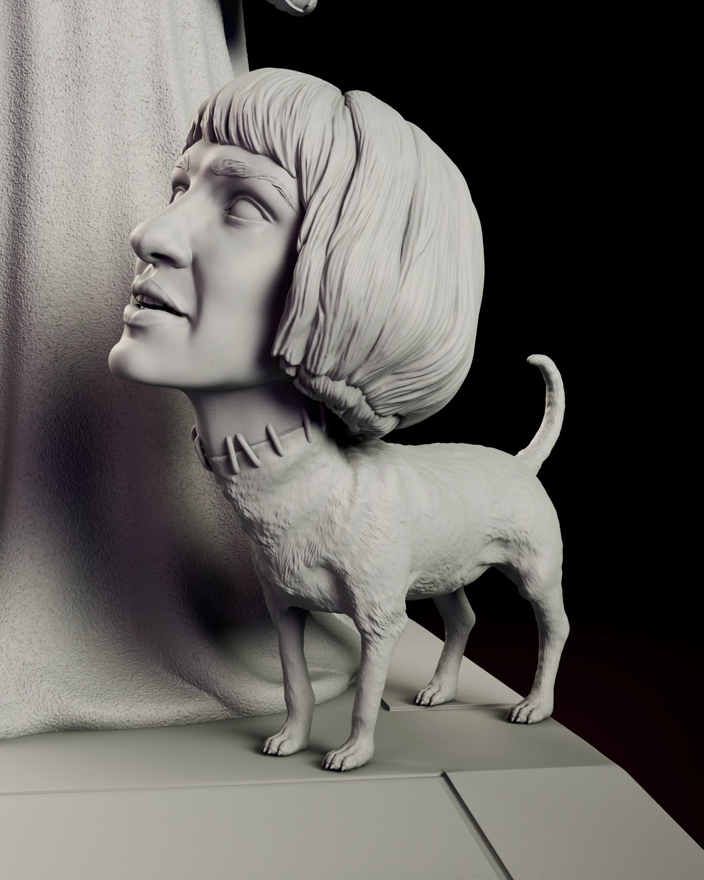 Detail view of the Mars Attacks figure model kit showing the human head on the small dog body with the surgical stitches ringing the join