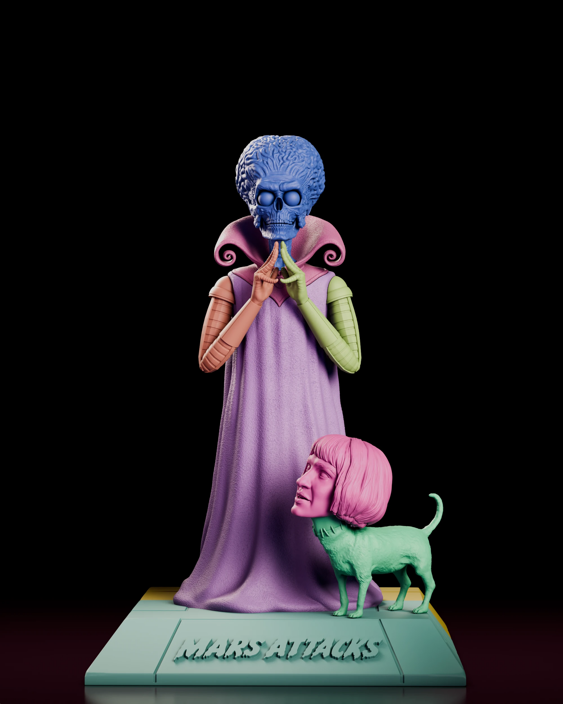 Parts breakdown of the Mars Attacks resin kit with the Martian head, collar, arms, robe, the dog, its head and the base shown in separate colours