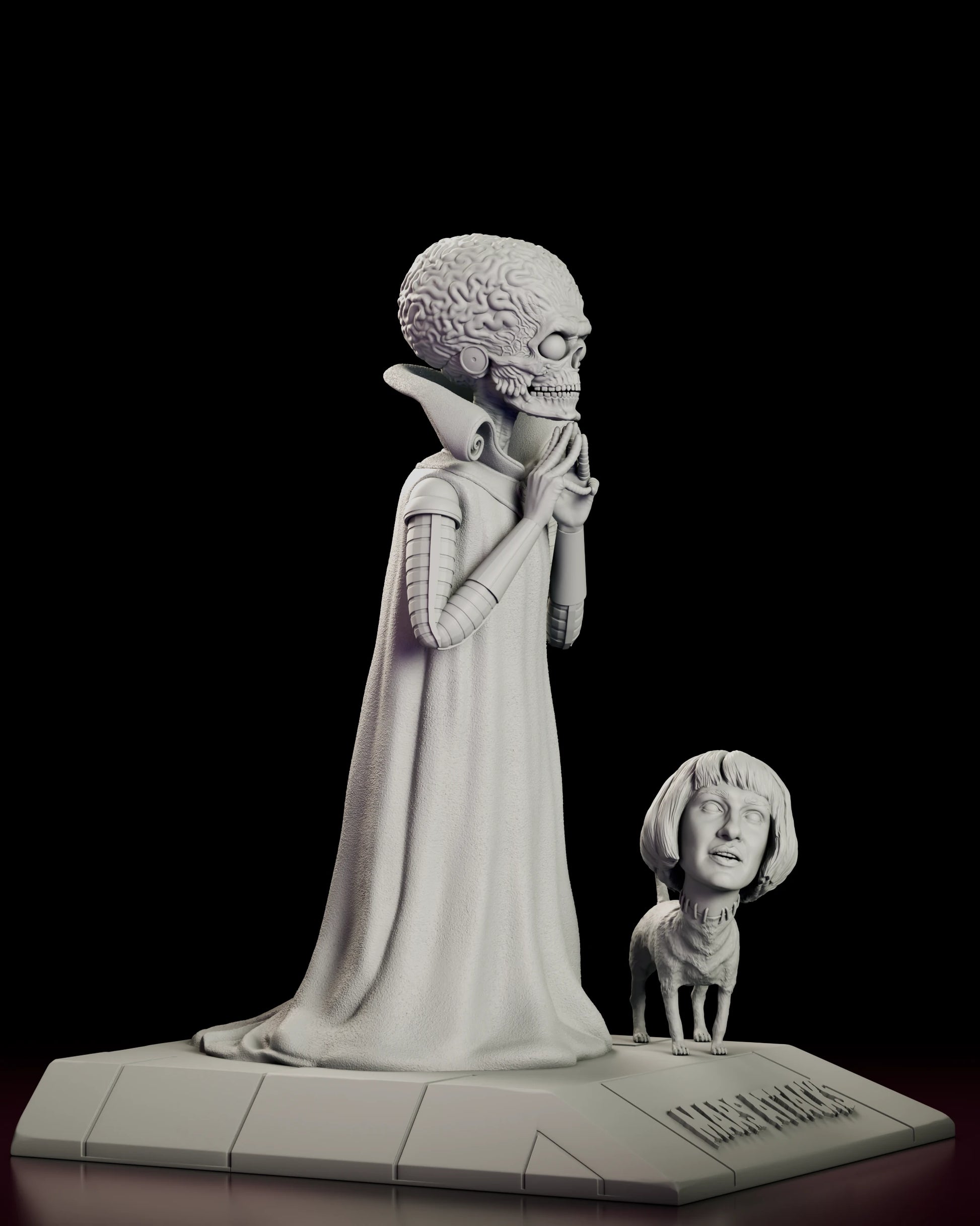 Right side view of the Mars Attacks figure model kit showing the ribbed sleeve armour and the fall of the robe