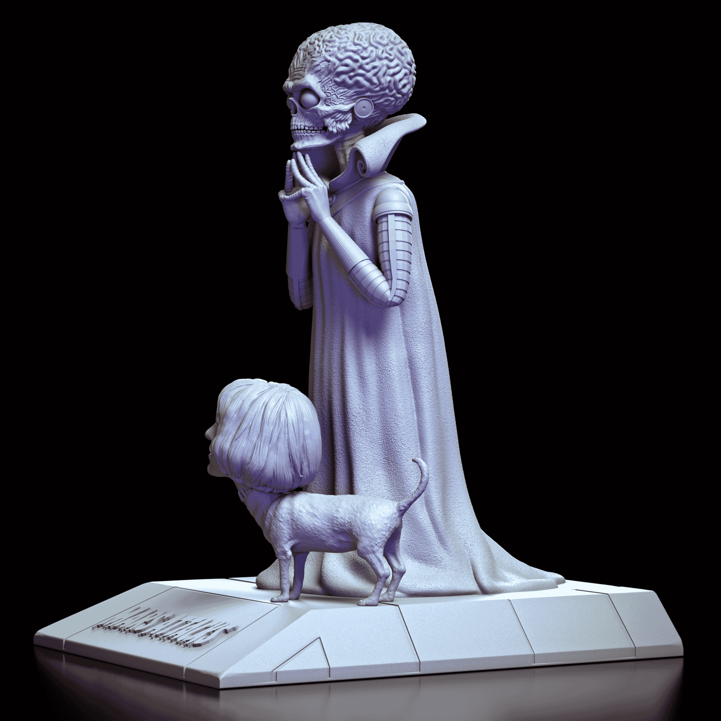 Left profile of the Mars Attacks! Martian Leader and Natalie Lake Dog maquette highlighting the Martian’s elongated braincase and the dog’s human head