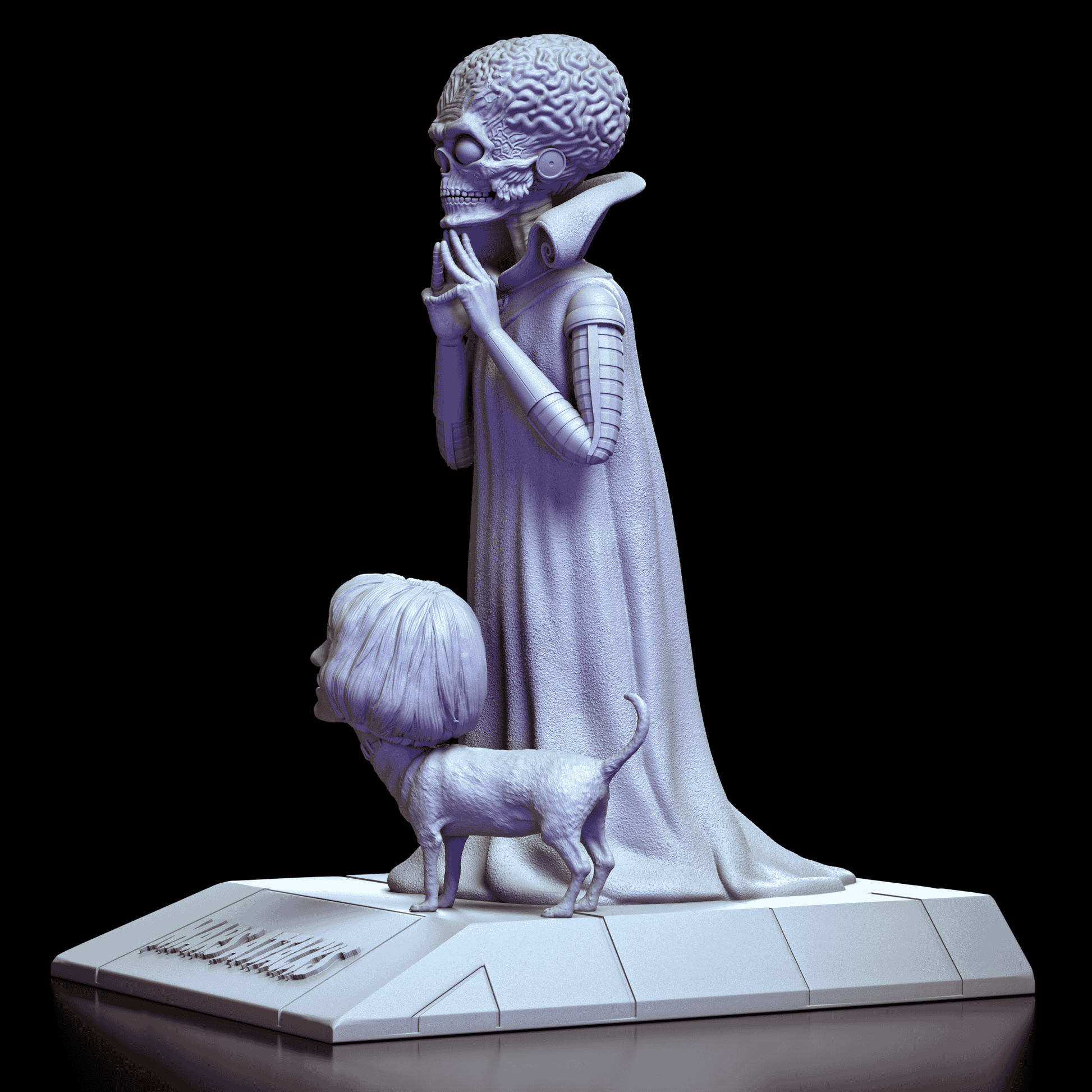 Left profile of the Mars Attacks! Martian Leader and Natalie Lake Dog maquette highlighting the Martian’s elongated braincase and the dog’s human head