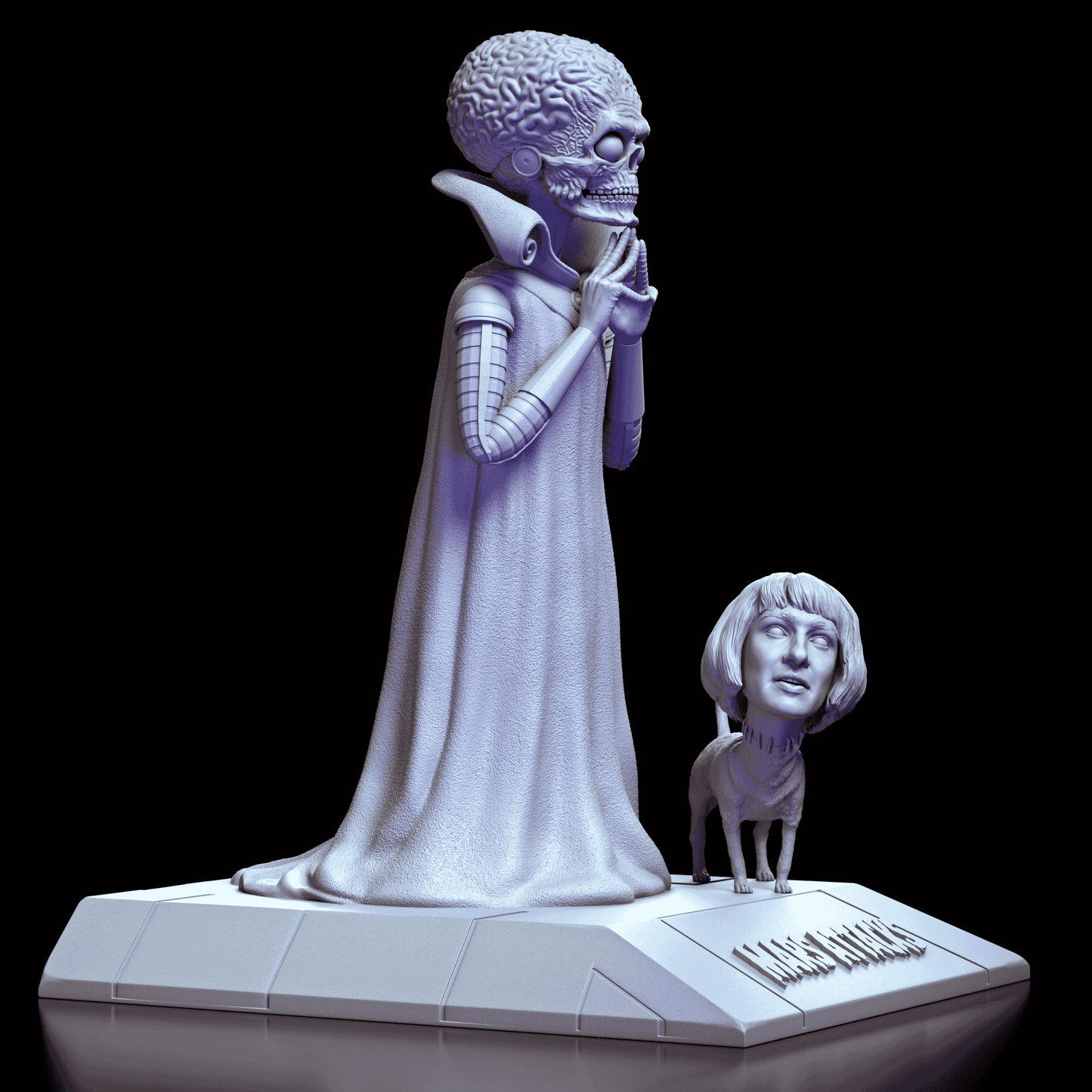 Right profile of the Mars Attacks! Martian Leader and Natalie Lake Dog maquette showcasing the curled collar and the lifelike fur texture on the companion