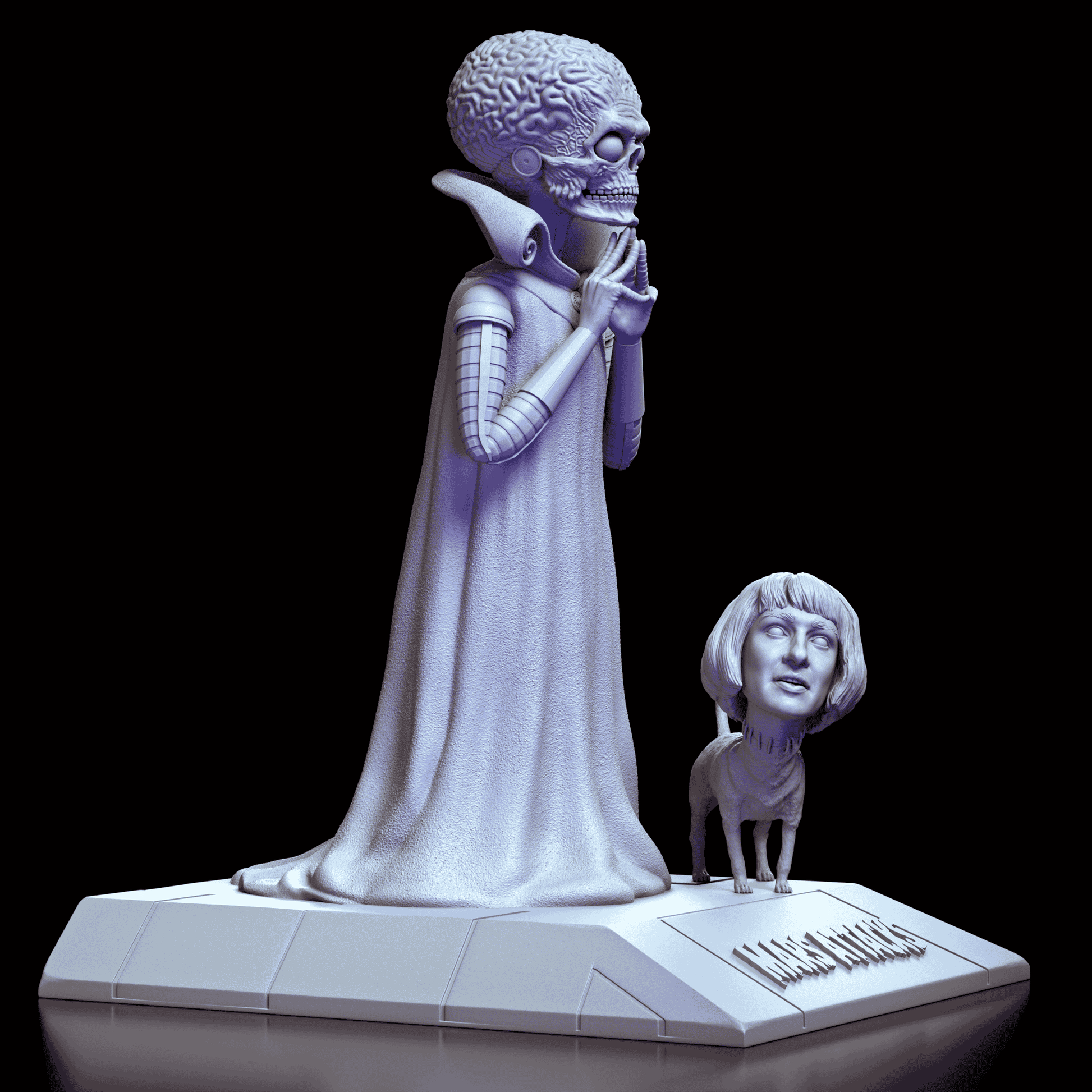 Right profile of the Mars Attacks! Martian Leader and Natalie Lake Dog maquette showcasing the curled collar and the lifelike fur texture on the companion