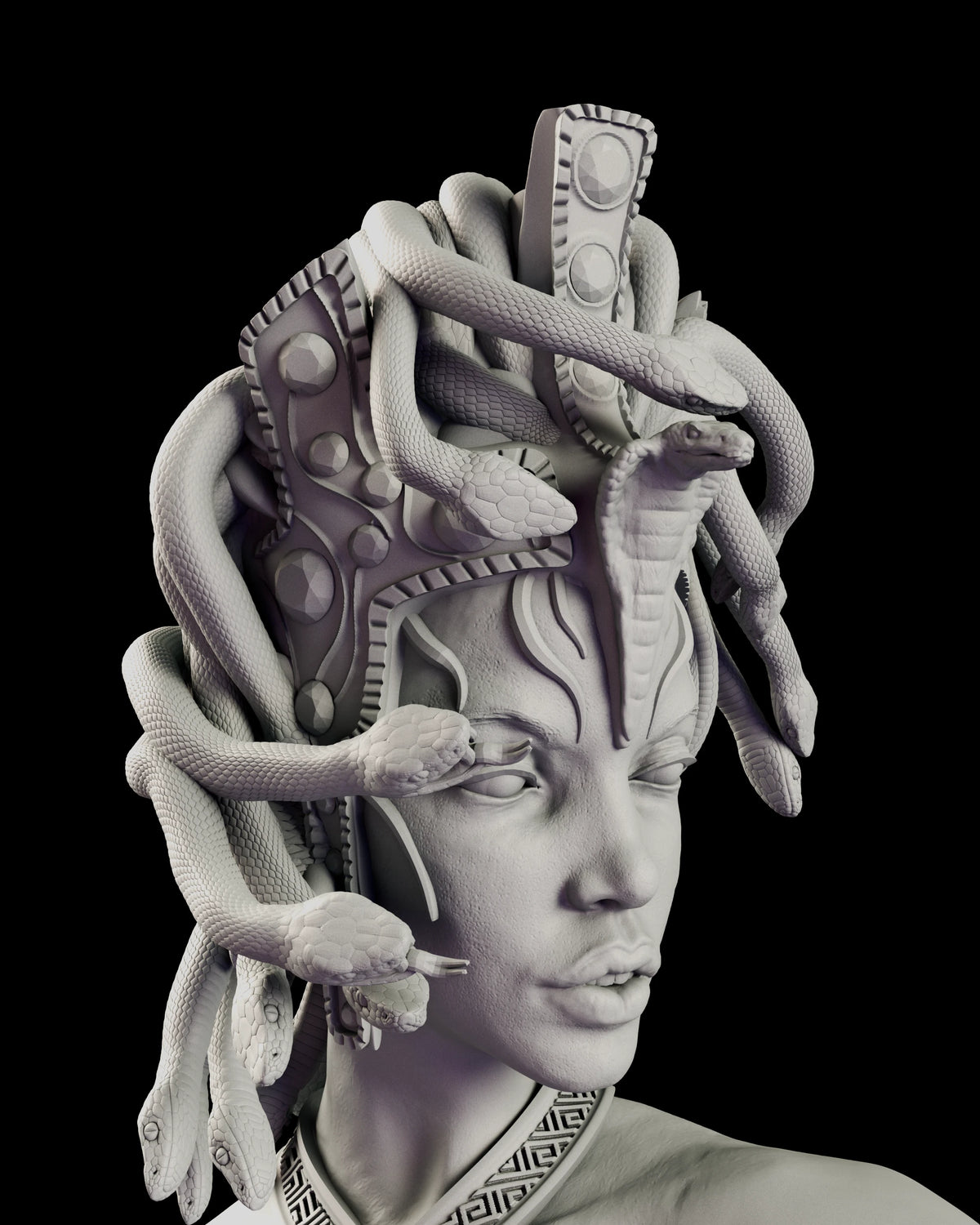 A grayscale 3D render of a Medusa bust sculpture, featuring snakes wrapped through her hair and around her neck, set against a solid black background.