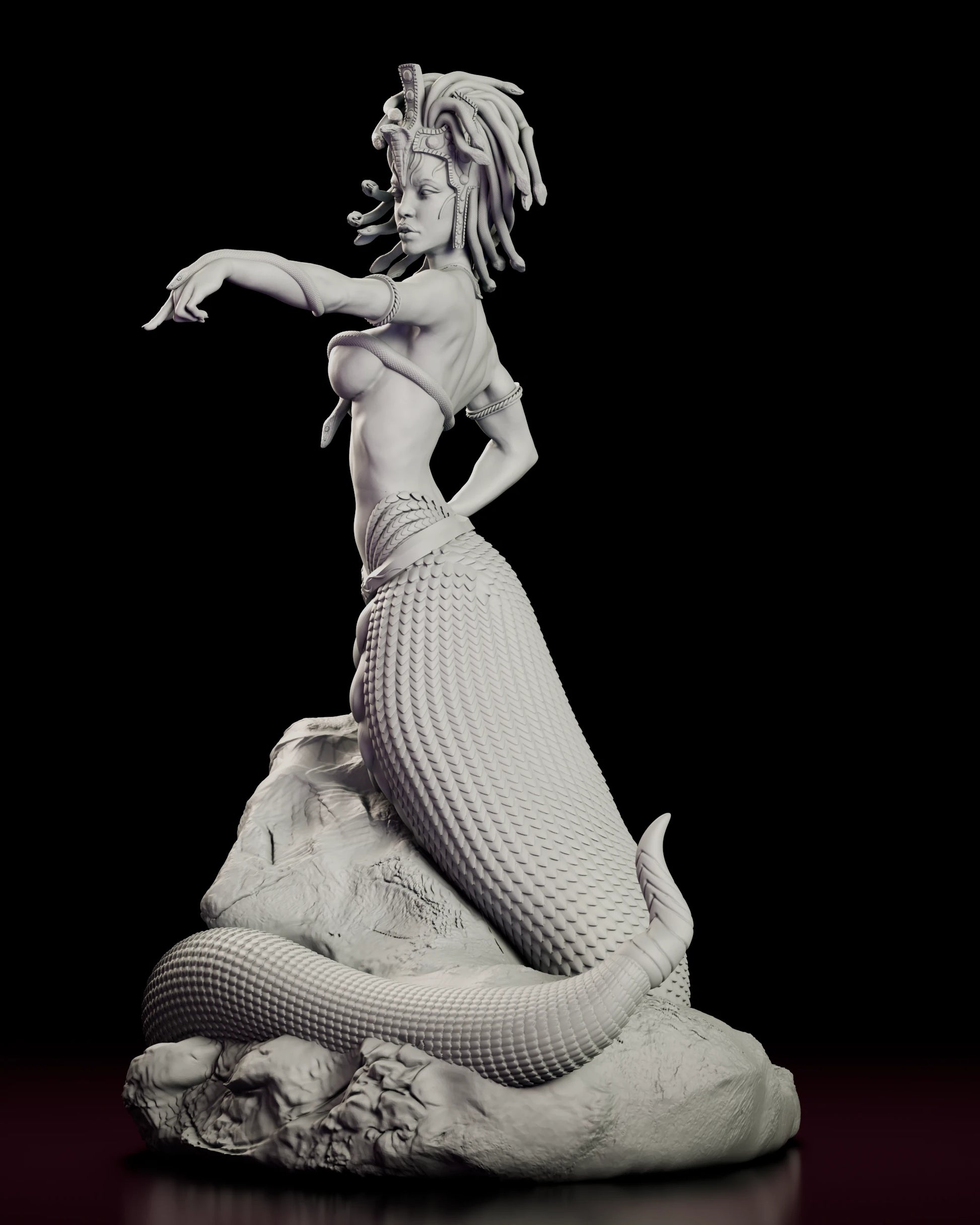 Left side angle of The Gorgon Queen statue showing scaled tail and commanding posture