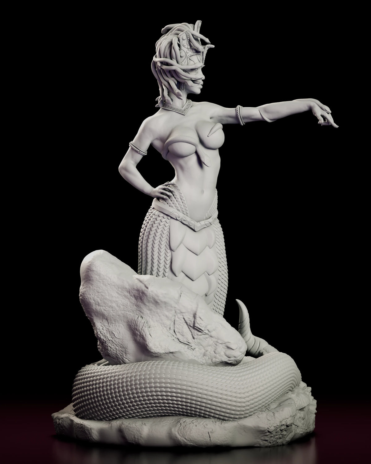 Right side view of The Gorgon Queen figure revealing her serpentine form and rock base detailing