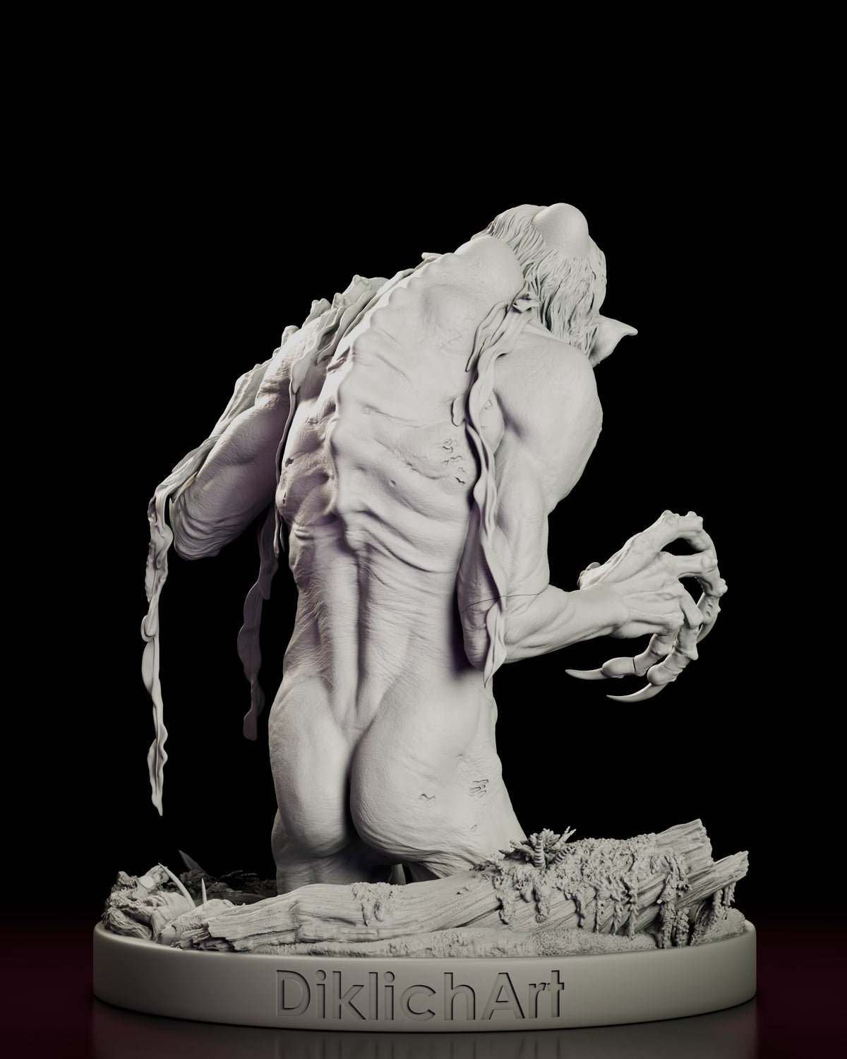 Back view of the Meg Mucklebones figure model kit showing her bony spine, a fallen log on the swamp base and the Diklich Art name on the rim