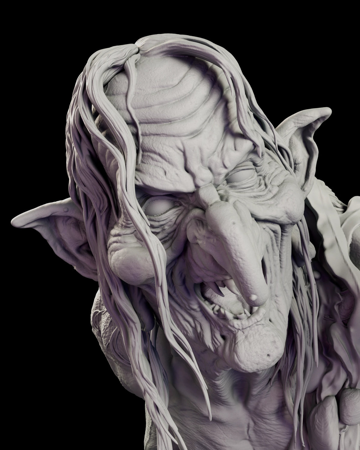 Close-up of the Meg Mucklebones sculpt showing her hooked nose, pointed ears, fangs and wet stringy hair
