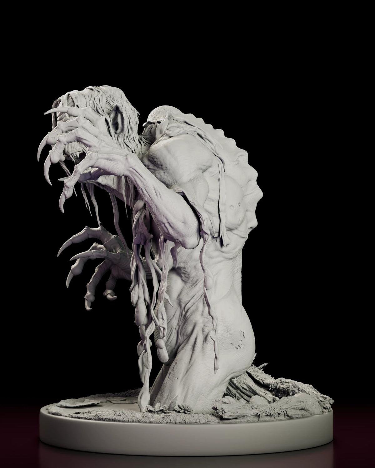 Left side view of Meg Mucklebones reaching forward with both clawed hands and swamp weed trailing down her front