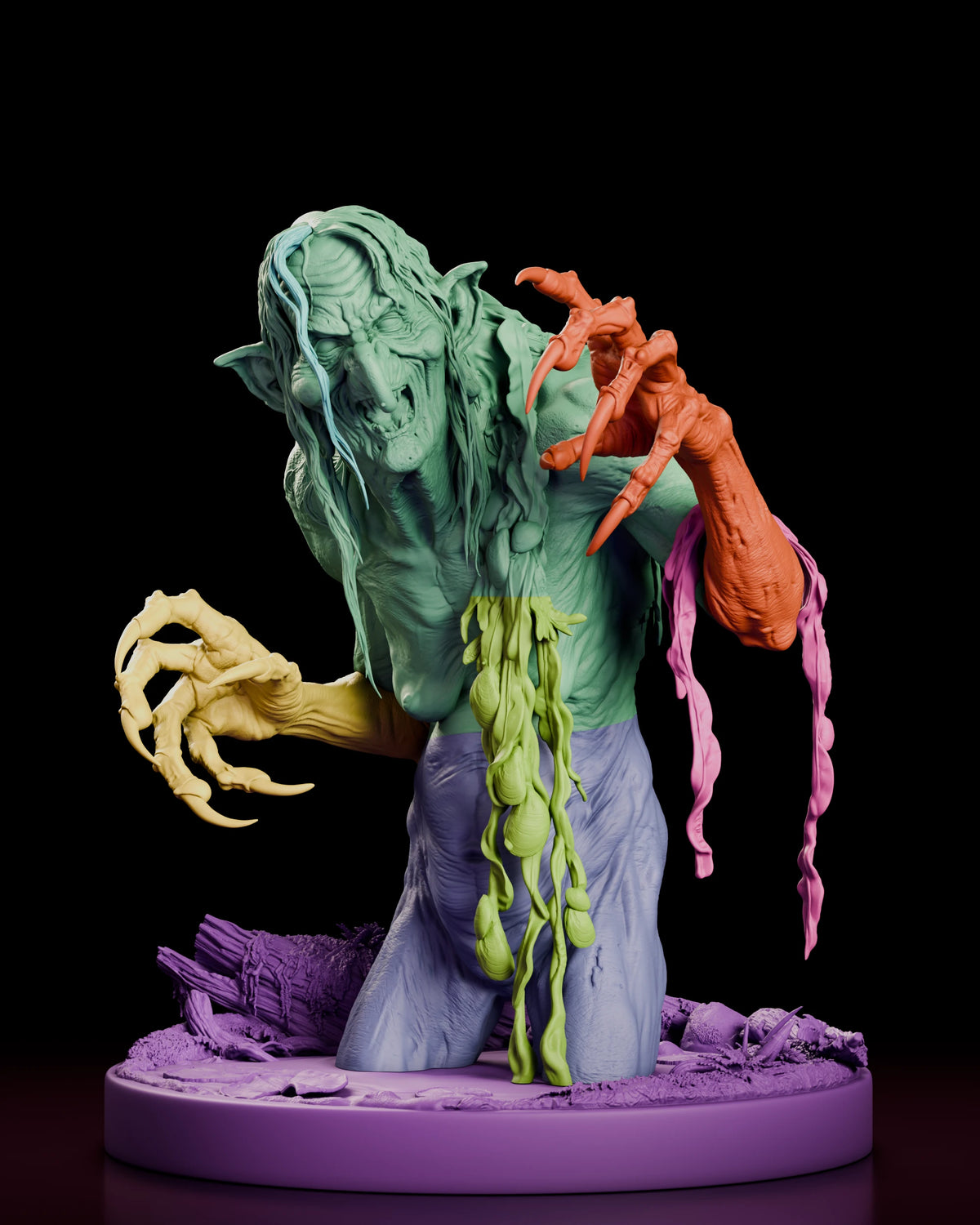 Color-coded parts breakdown of the Meg Mucklebones figure model kit showing the separate arms, torso sections, weed strands and swamp base