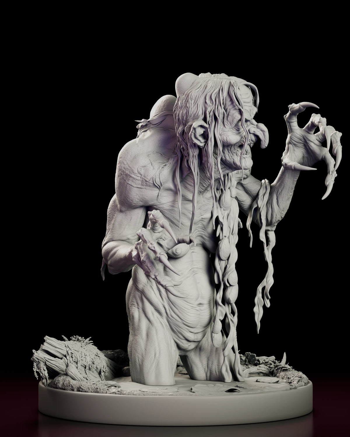 Right side view of Meg Mucklebones with one clawed hand raised and swamp weed hanging from her arm and torso