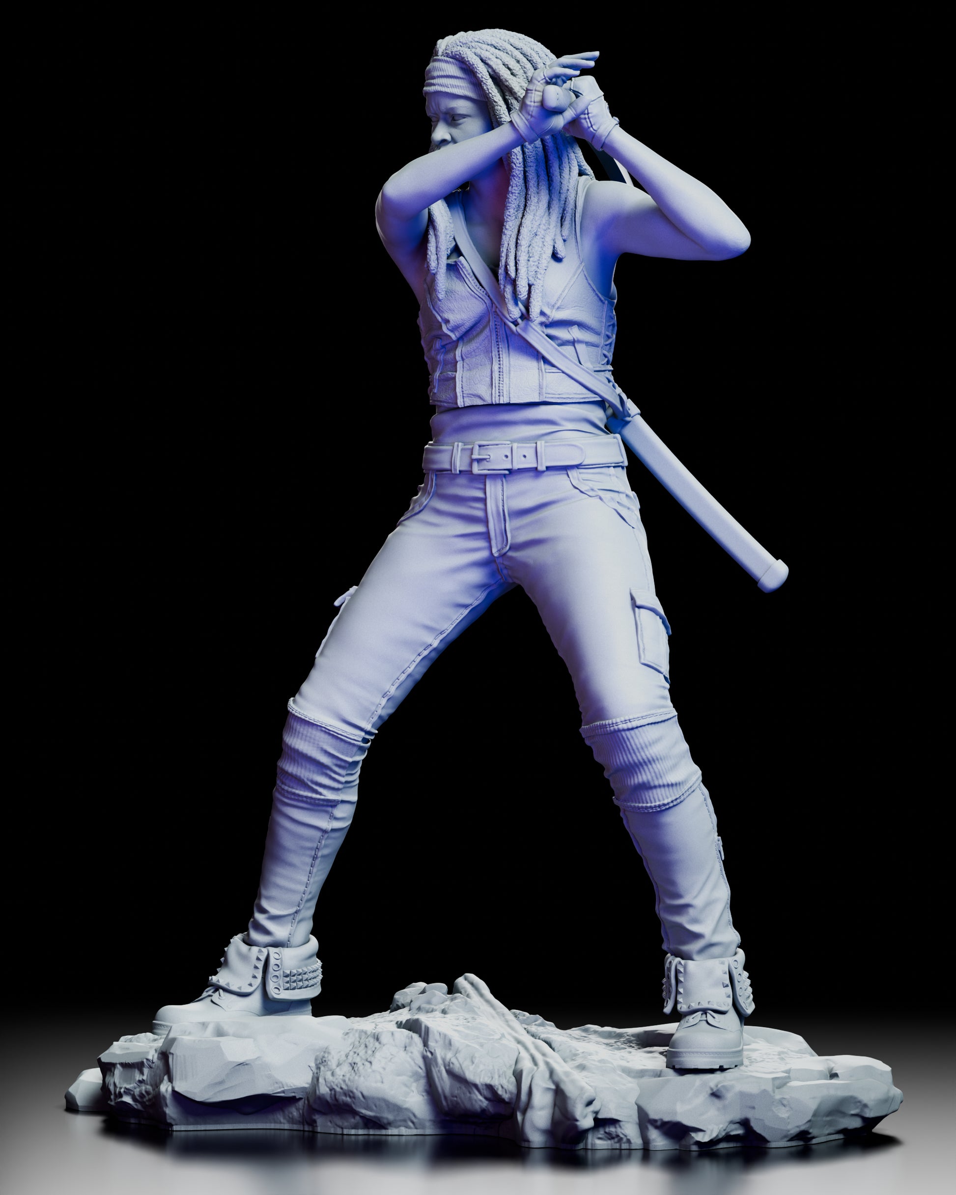 Left-angled view of the Michonne figure kit highlighting her combat stance, arm positioning, and the realistic folds of her clothing.