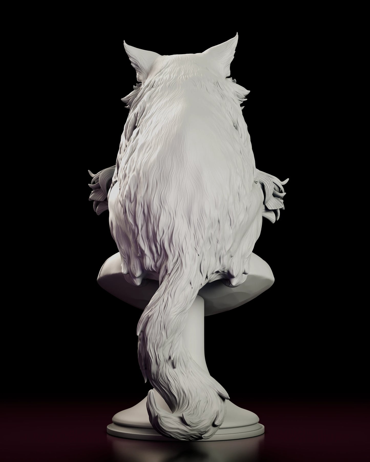 Rear view of the Moki and Wasabi figure model kit bust showing the full length of the cat's combed coat and its plumed tail sweeping down and around the foot of the pedestal