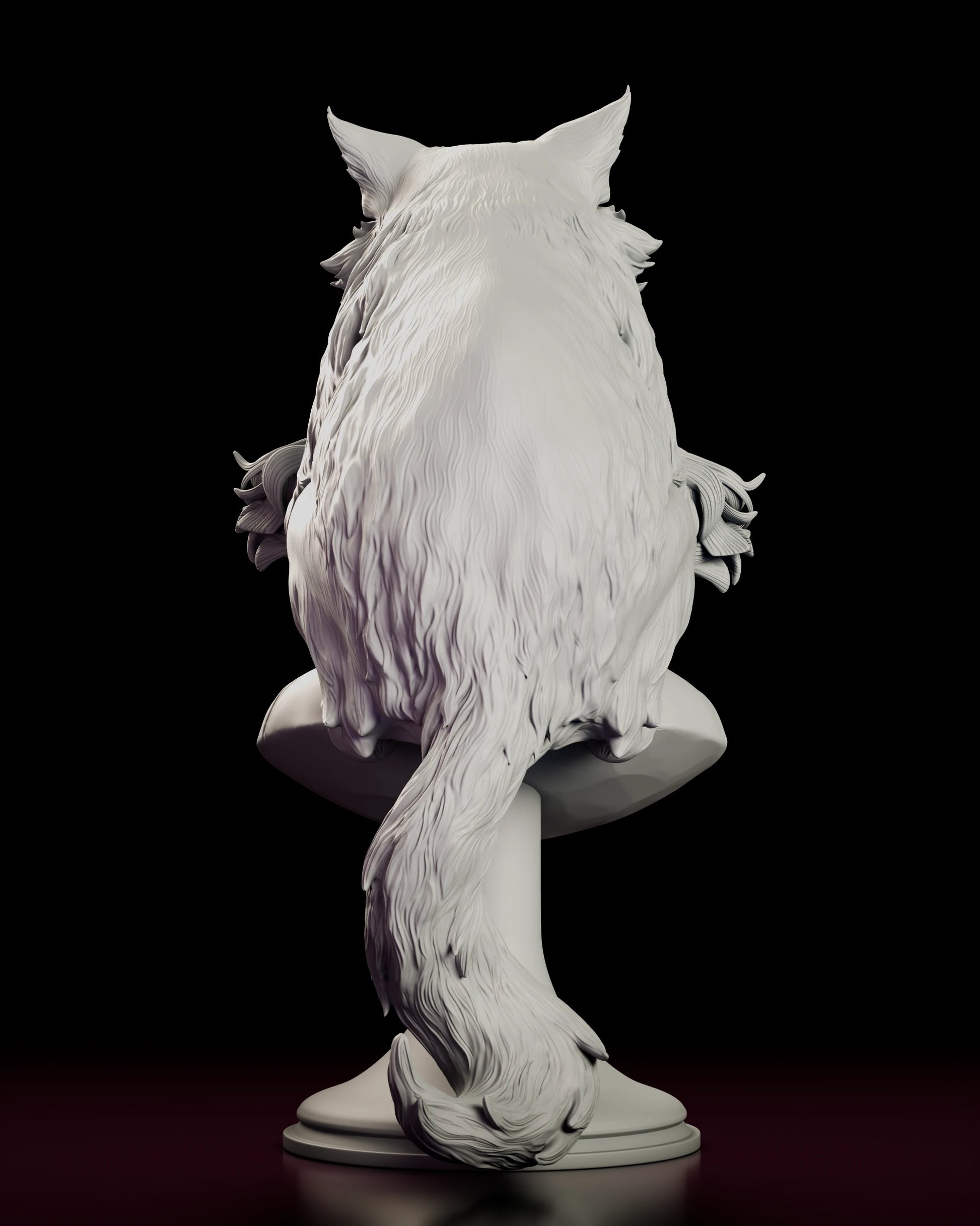 Rear view of the Moki and Wasabi figure model kit bust showing the full length of the cat's combed coat and its plumed tail sweeping down and around the foot of the pedestal