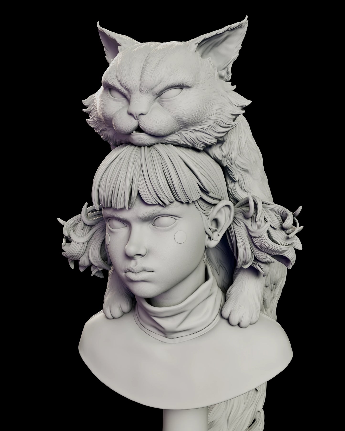 Close view of the Moki and Wasabi figure model kit bust, showing the cat's deeply combed long fur, tufted ears, narrowed eyes and small fangs above the girl's blunt fringe