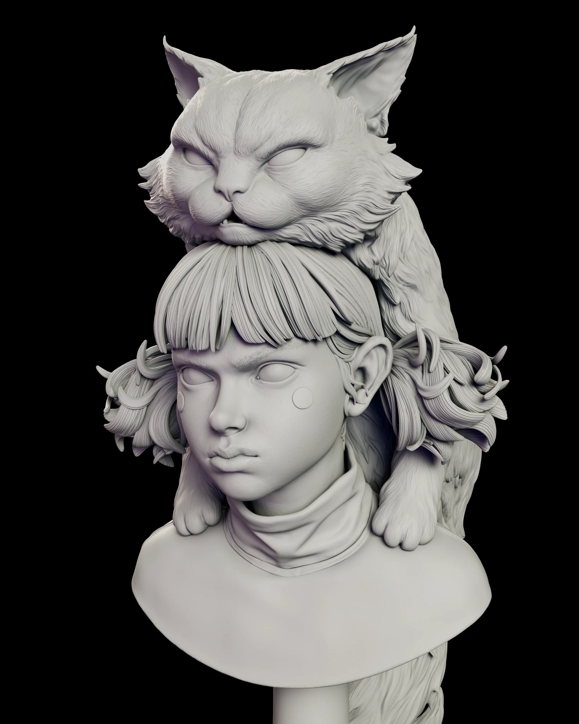 Close view of the Moki and Wasabi figure model kit bust, showing the cat's deeply combed long fur, tufted ears, narrowed eyes and small fangs above the girl's blunt fringe