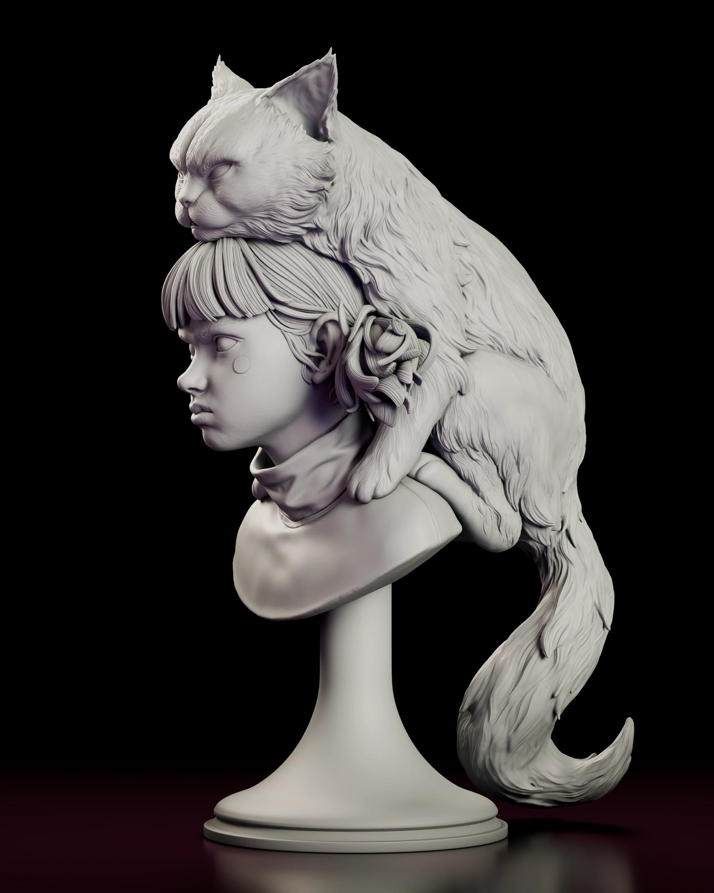 Left side view of the Moki and Wasabi figure model kit bust showing the girl's profile, the rolled turtleneck collar and the long fur of the cat spilling down behind the shoulder
