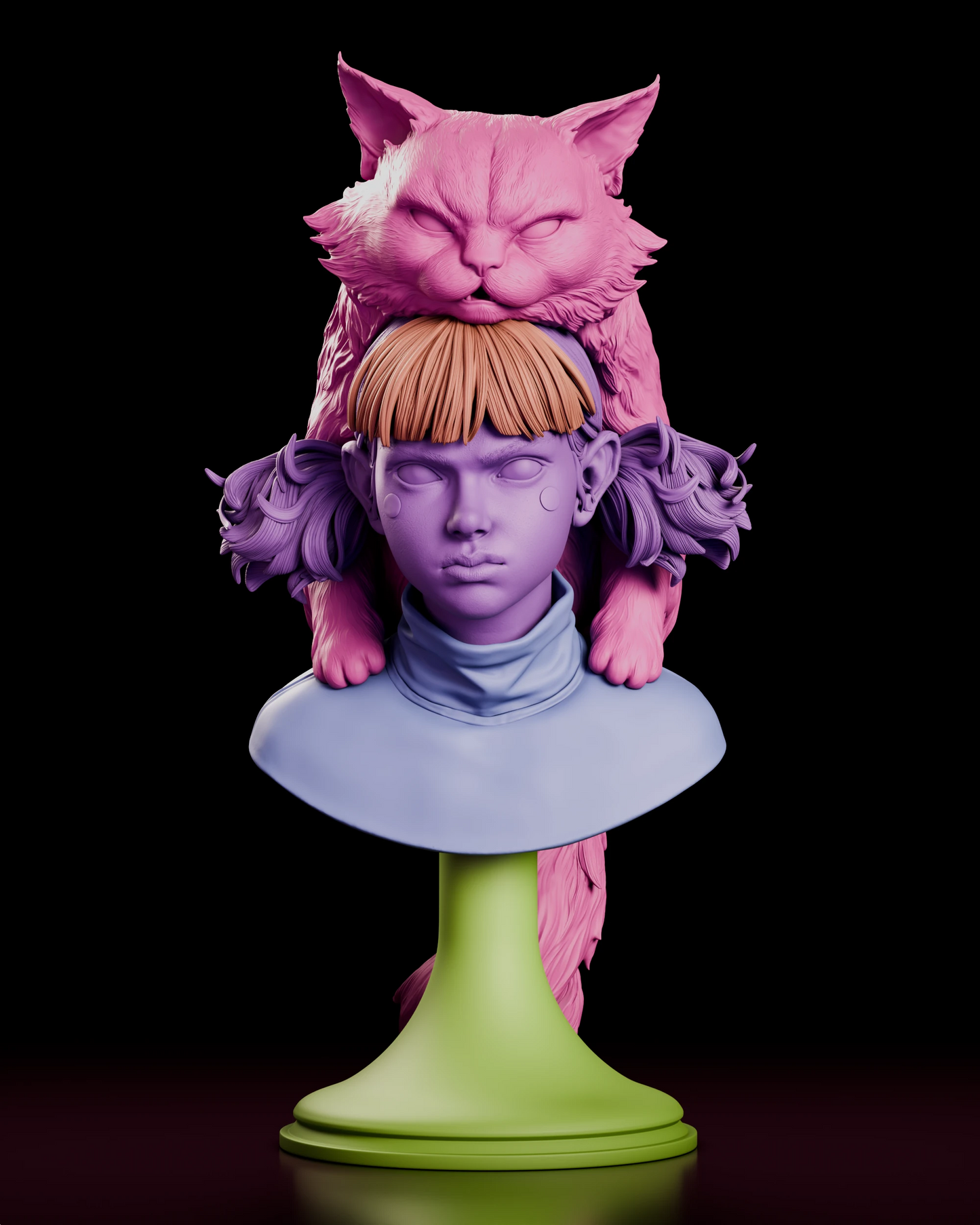Parts breakdown of the Moki and Wasabi figure model kit bust with the cat, the girl's hair, head, turtleneck collar, shoulders and pedestal base shown in separate colours