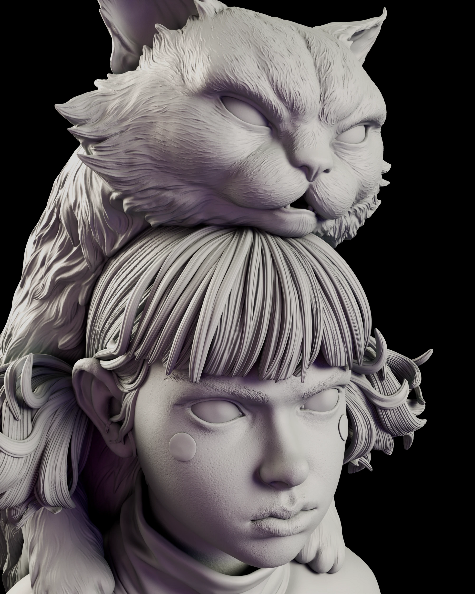 Portrait detail of the Moki and Wasabi figure model kit bust, showing the girl's level gaze, the round cheek marks, the curled hair bunches and the cat's paws resting on her shoulders