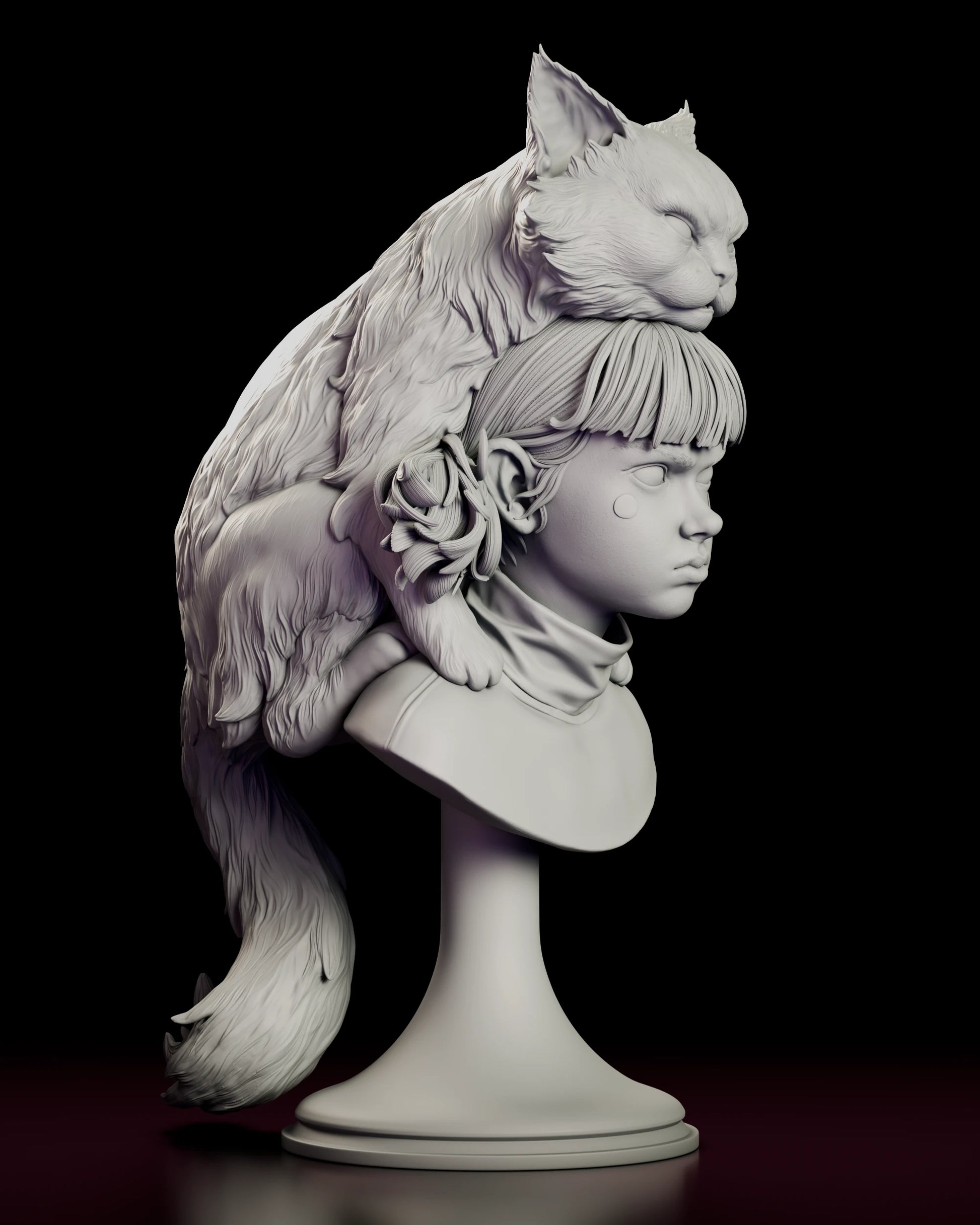 Right side view of the Moki and Wasabi figure model kit bust showing the cat's body wrapped around the back of the girl's head and its plumed tail falling past the pedestal