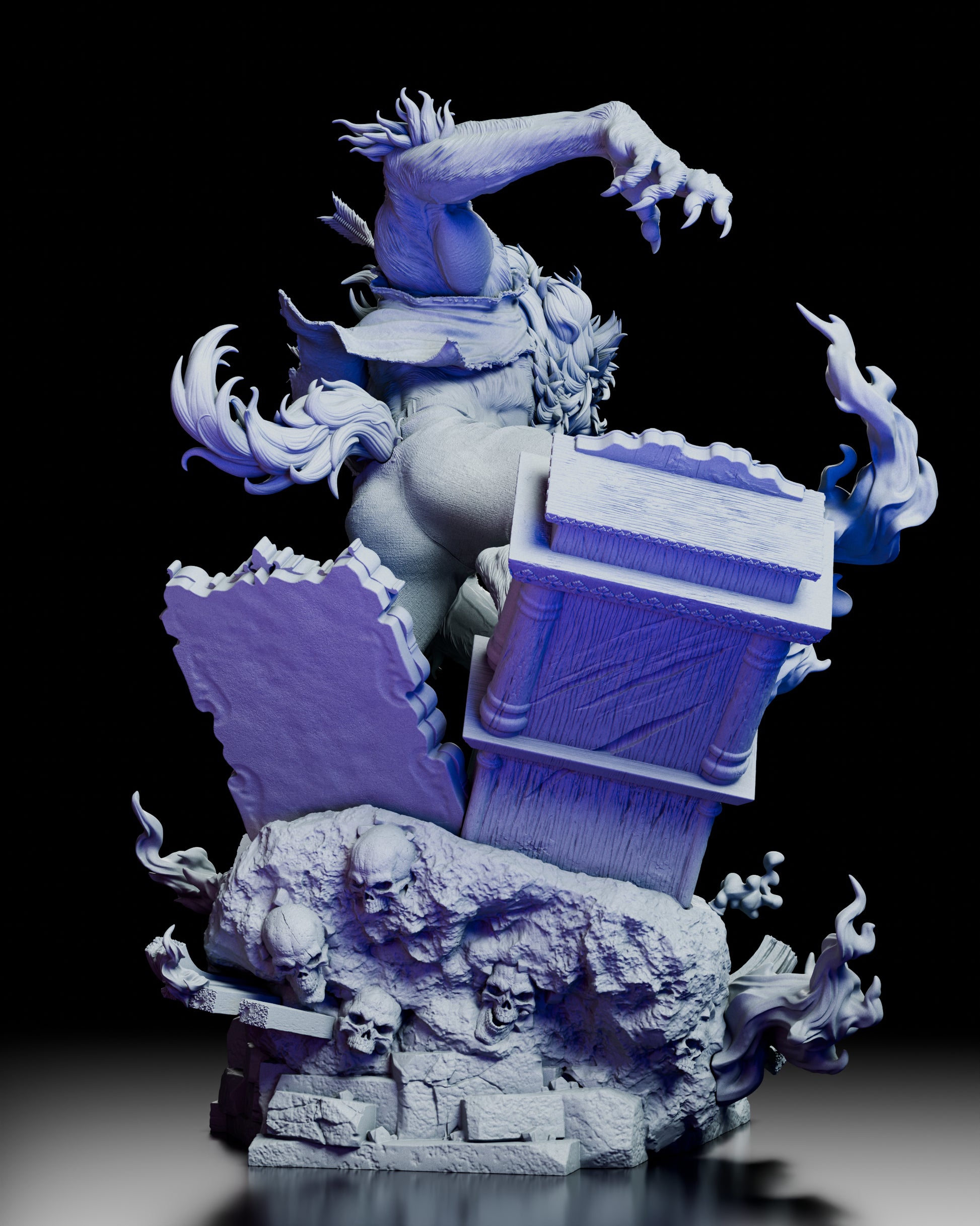 Back view of the Moonfall Berserker werewolf figure kit highlighting flowing fur, arrows lodged in the back, and the collapsed grandfather clock and gothic decor behind him.