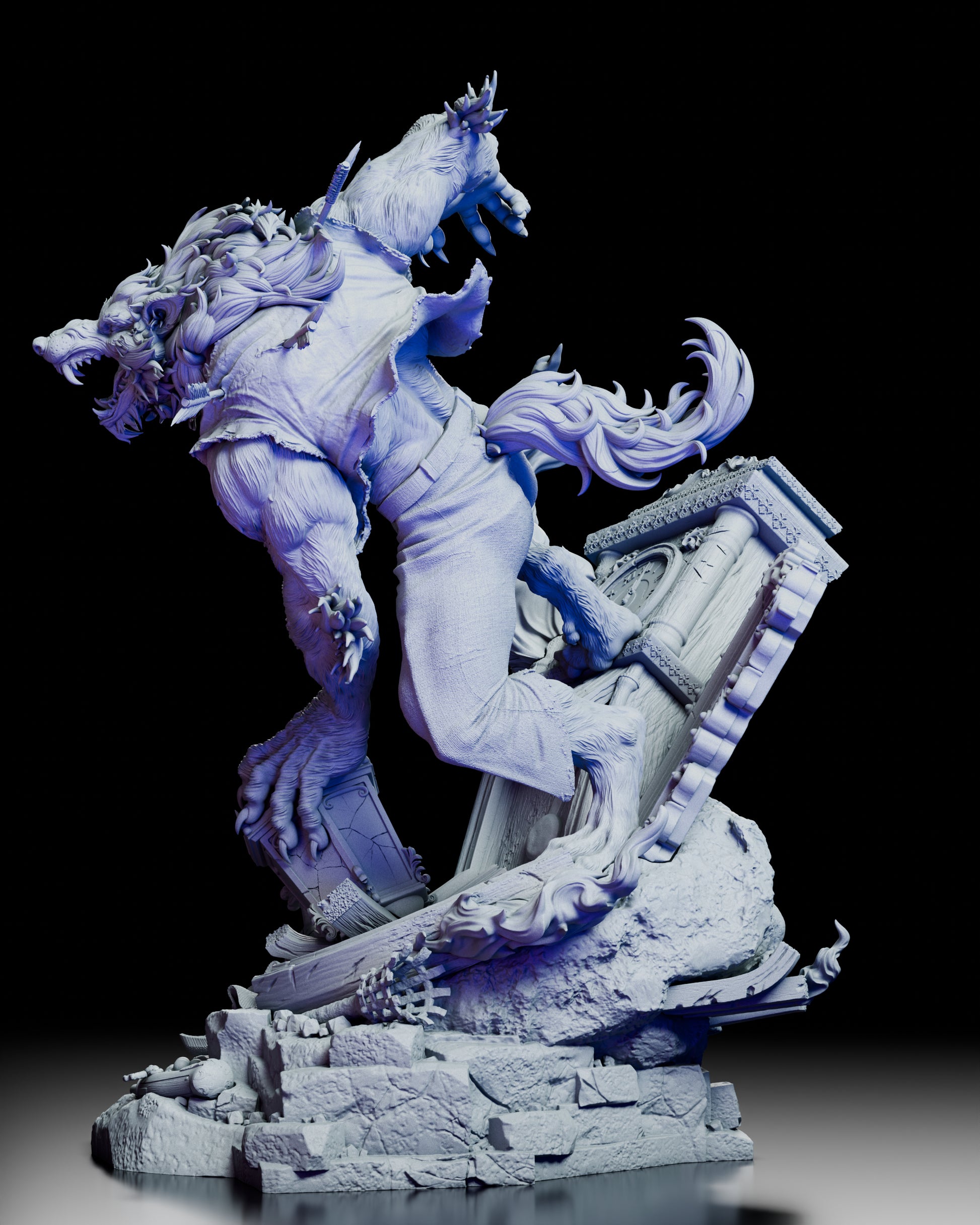 Left side view of the Moonfall Berserker werewolf figure kit showcasing the dynamic pose, the lantern crushed under his hand, and interior debris such as the broken arch and scattered objects.