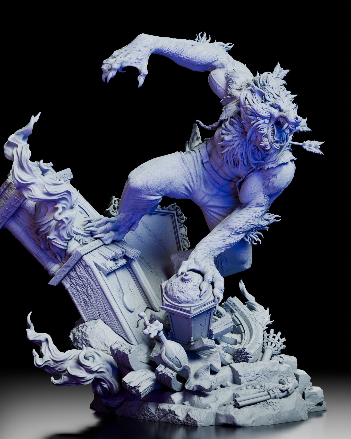 Right side view of the Moonfall Berserker werewolf figure kit featuring the snarling expression, ornate framed portrait, and architectural fragments from the gothic interior.