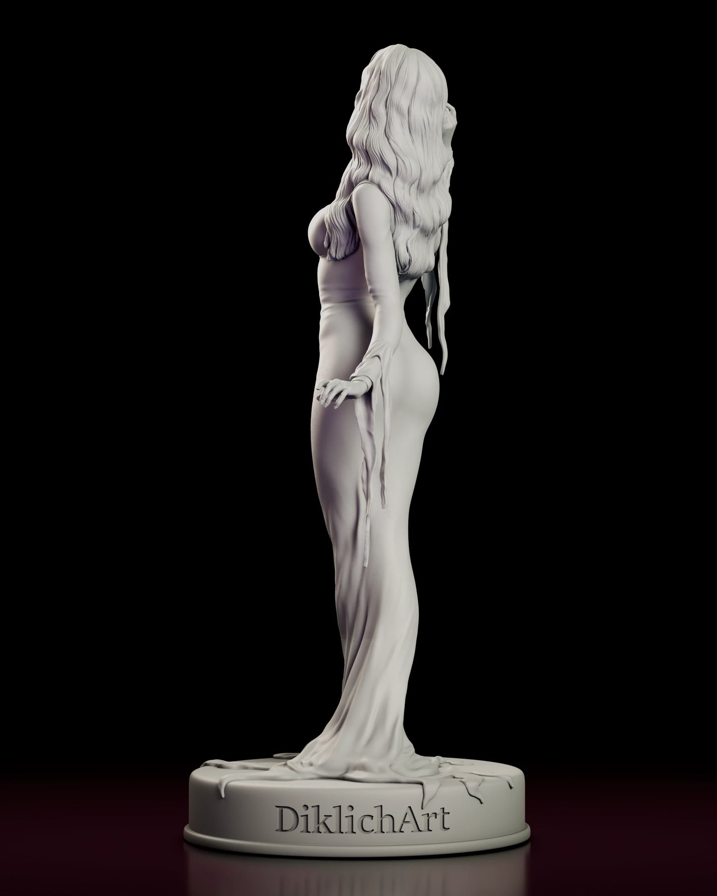 Rear view of the Morticia Addams figure model kit showing the length of hair down the back and the tendrils of the hem spreading across the plinth