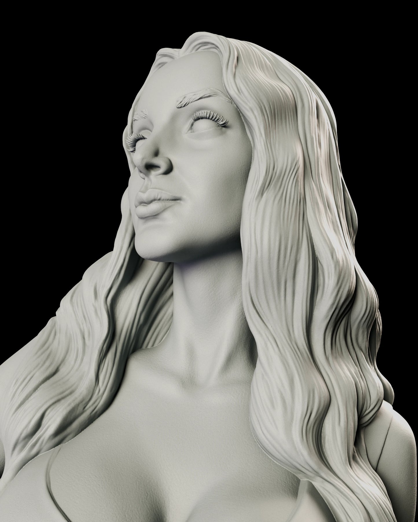 Portrait view of the Morticia Addams figure model kit showing the lifted chin, the faint smile and the heavy waves of hair falling past the shoulder