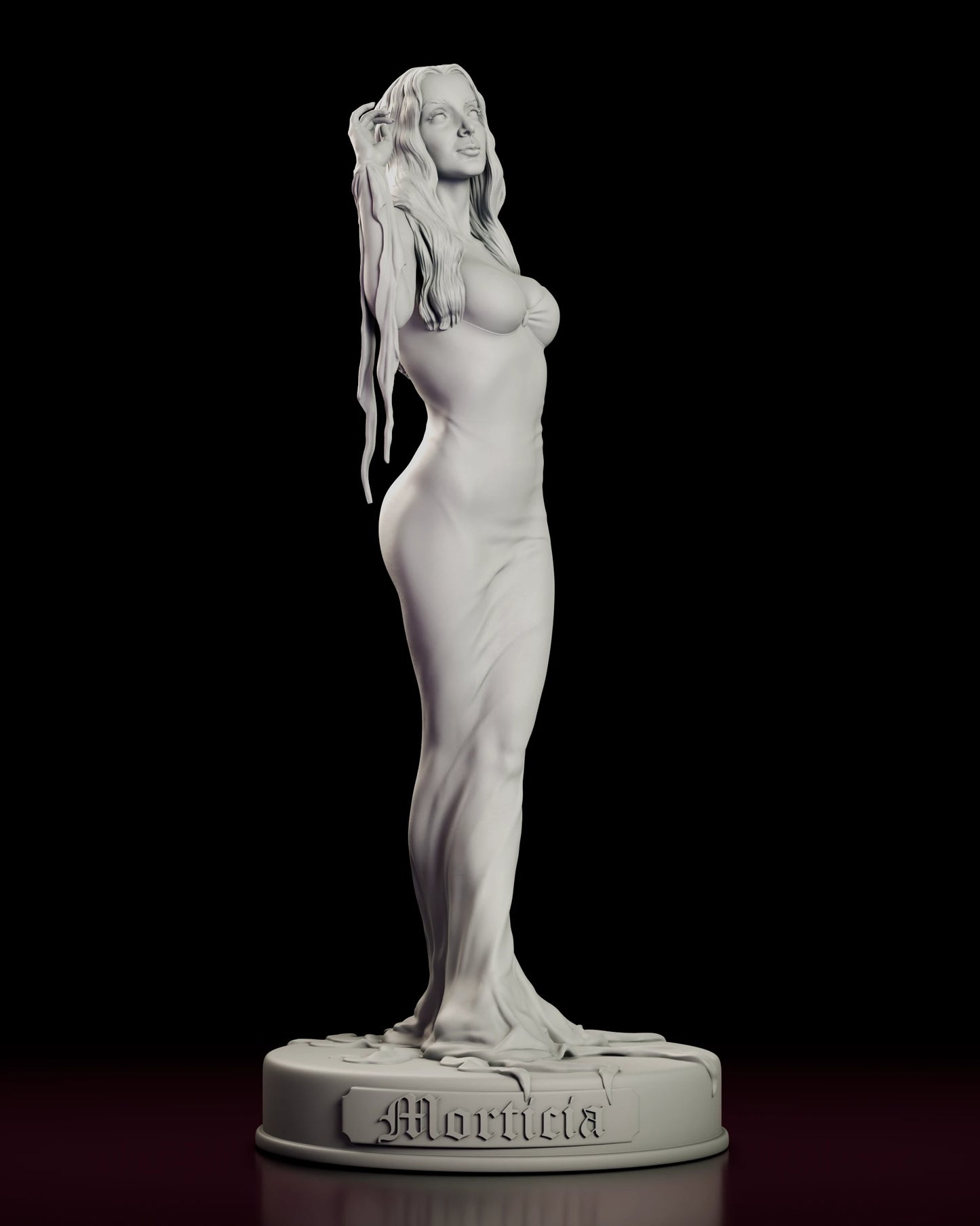Front view of the Morticia Addams figure model kit standing in the close fitted gown with one sleeved arm raised and the tendril hem spread across the base