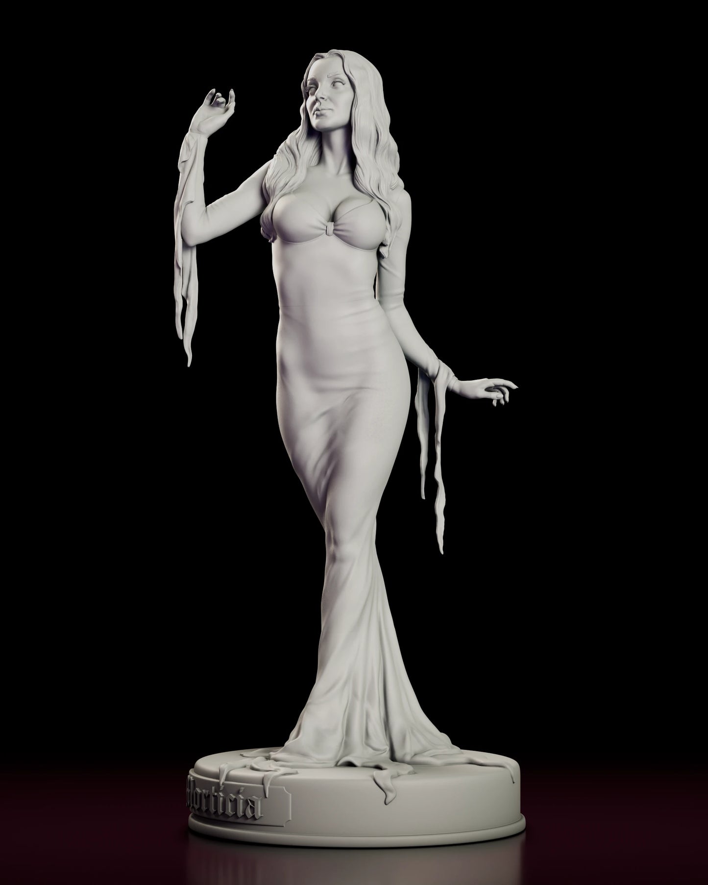 Left side view of the Morticia Addams figure model kit showing the raised sleeved arm, the fraying cuff and the line of the gown to the floor