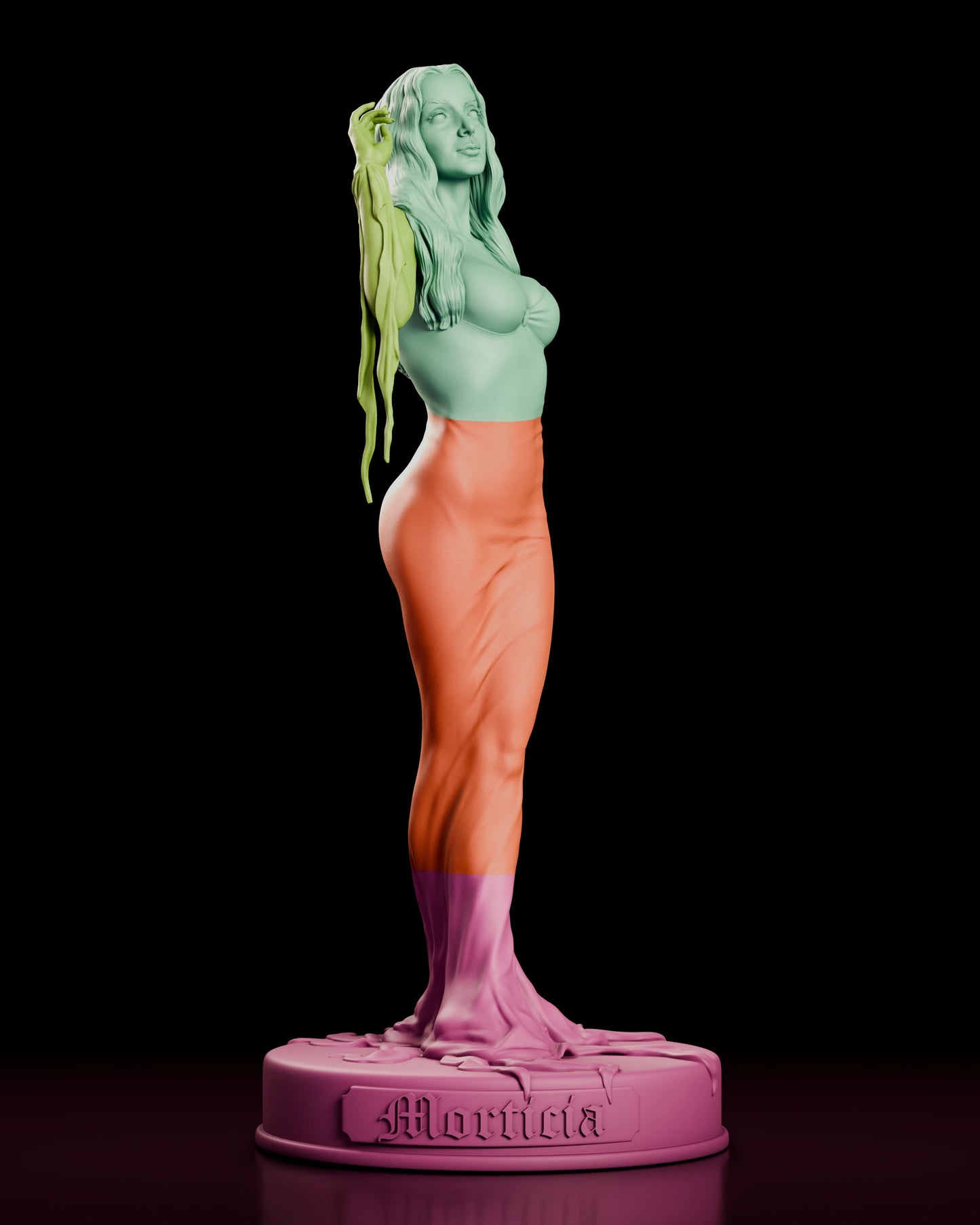 Parts breakdown of the Morticia Addams figure model kit with each component shown in a separate color, including head, hair, torso, arms, gown and plinth base