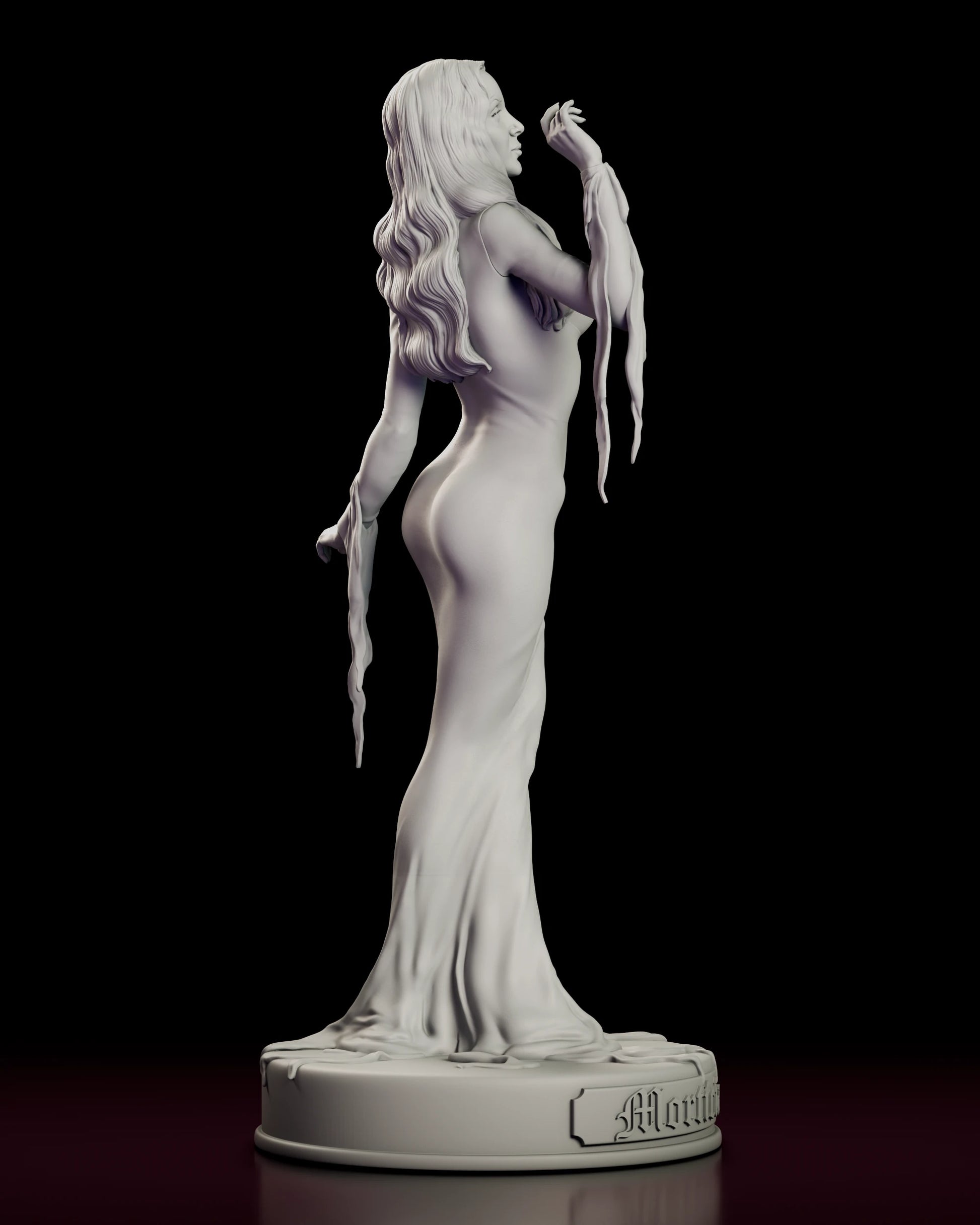 Right side view of the Morticia Addams figure model kit showing the profile of the gown, the fall of hair and the sleeve tendrils hanging from the wrist