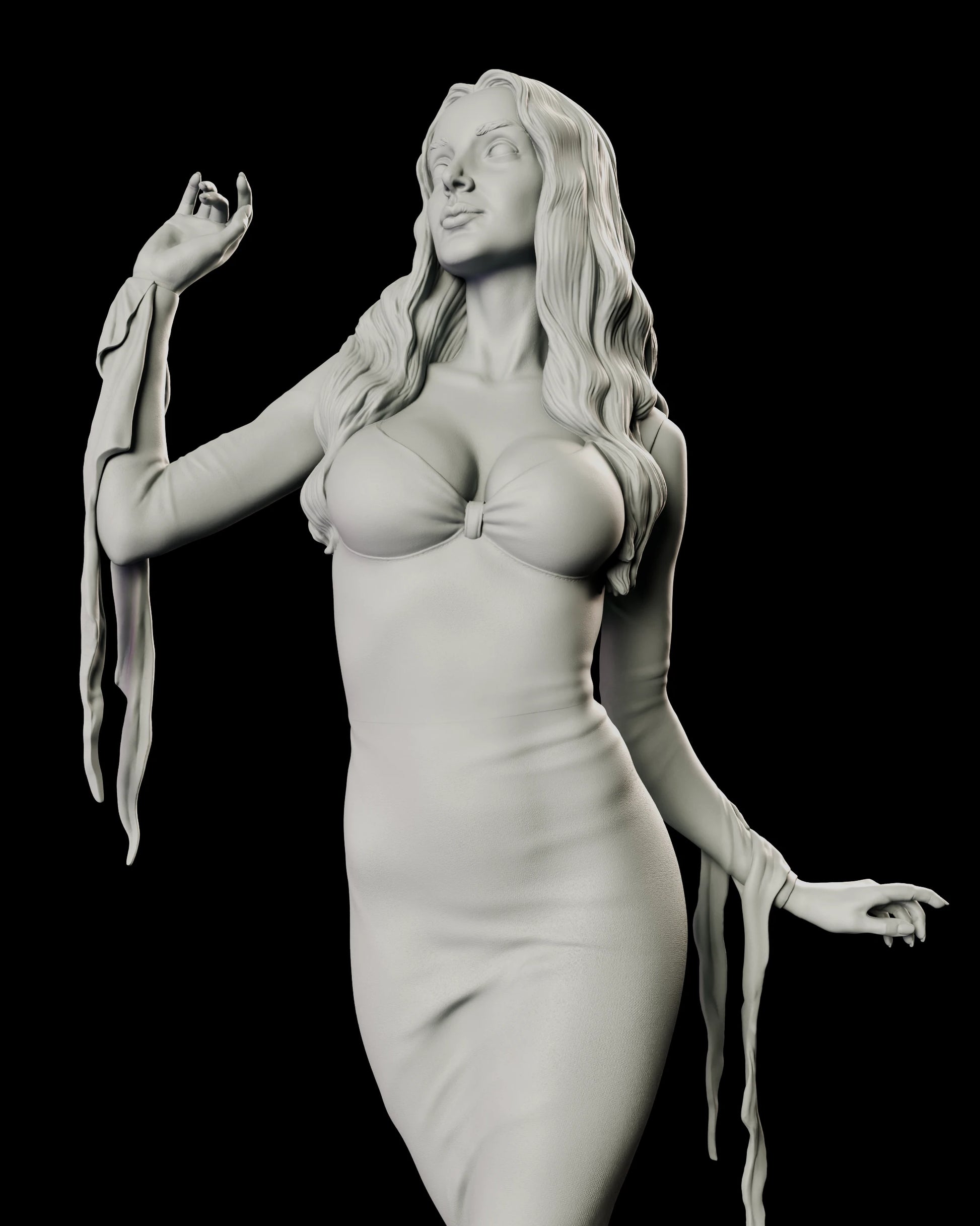Close view of the Morticia Addams figure model kit showing the deep neckline of the gown, the long fitted sleeve and the ragged tendrils fraying from the cuff