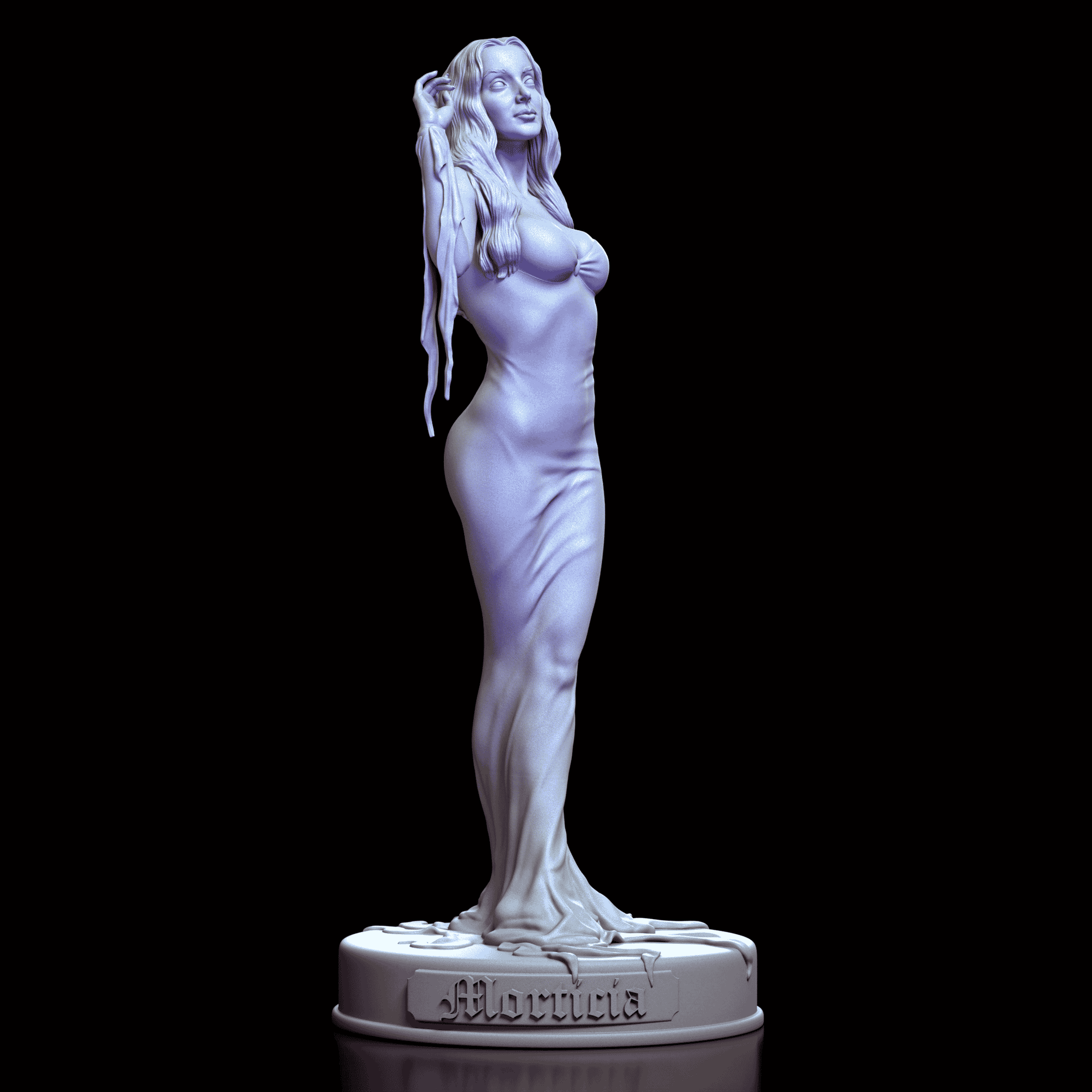 Front view of Morticia Addams maquette with arms gracefully posed and gown pooling at her feet