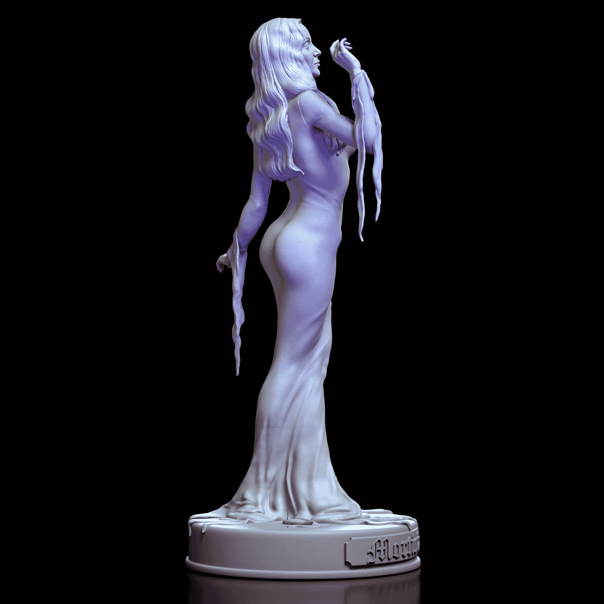Right side of Morticia sculpture revealing hand gesture, facial expression, and classic dress shape
Right side of Morticia sculpture revealing hand gesture, facial expression, and classic dress shape