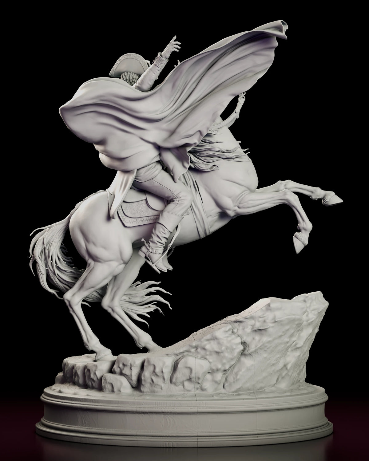 Rear view of the Napoleon figure model kit showing the horse's hindquarters and long tail, the draped cloak and the sloping rock base