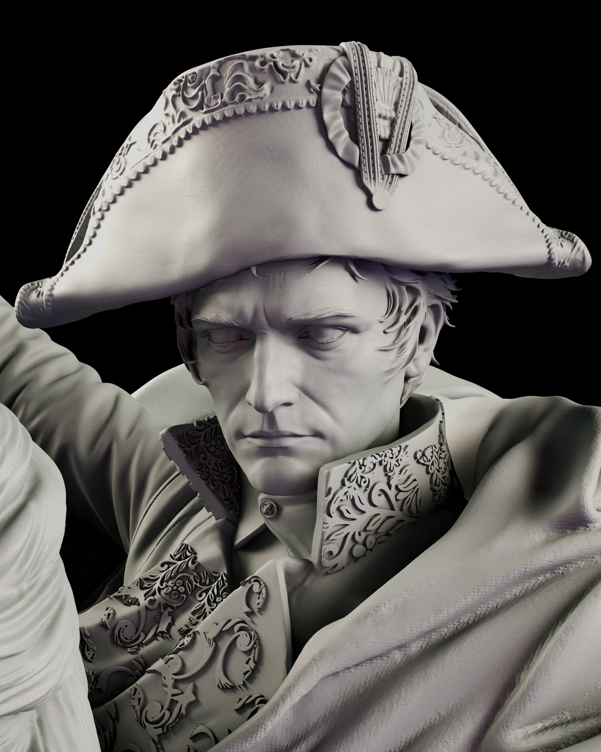 Portrait detail of Napoleon's stern face under an embroidered bicorne with a cockade, above a high embroidered collar
