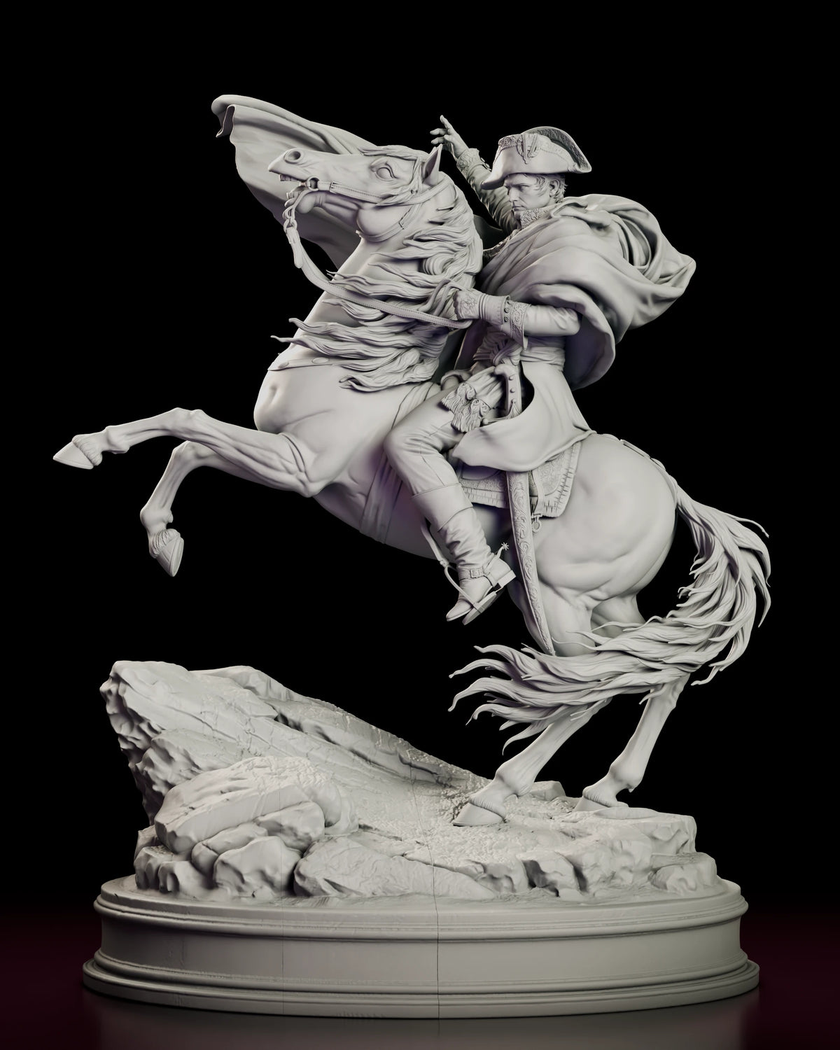 Front view of the Napoleon figure model kit on a rearing horse, one arm raised and the cloak streaming over the horse's neck