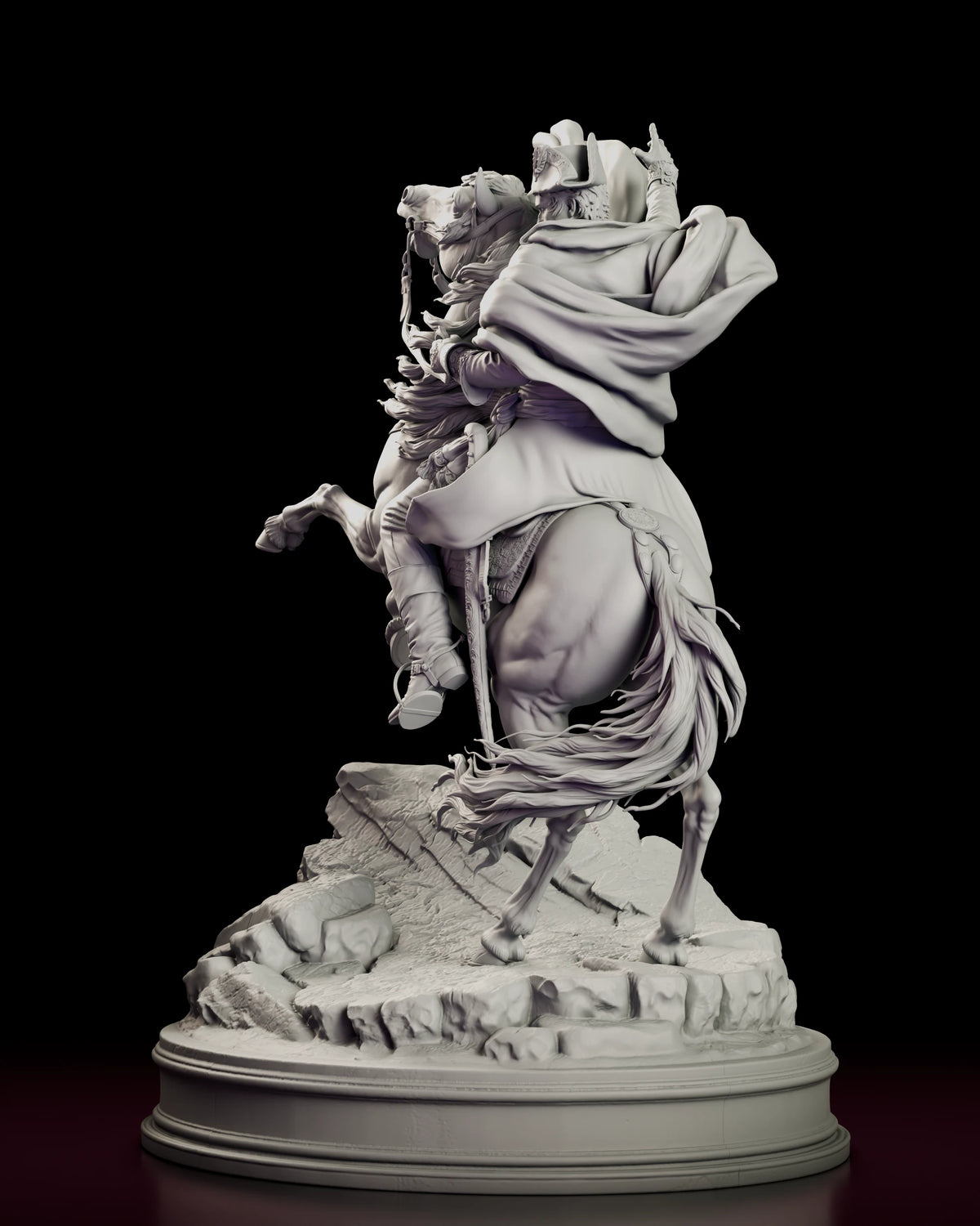 Left side view of the Napoleon resin model showing the full sweep of the cloak, the embossed saddle cloth and the spurred riding boot