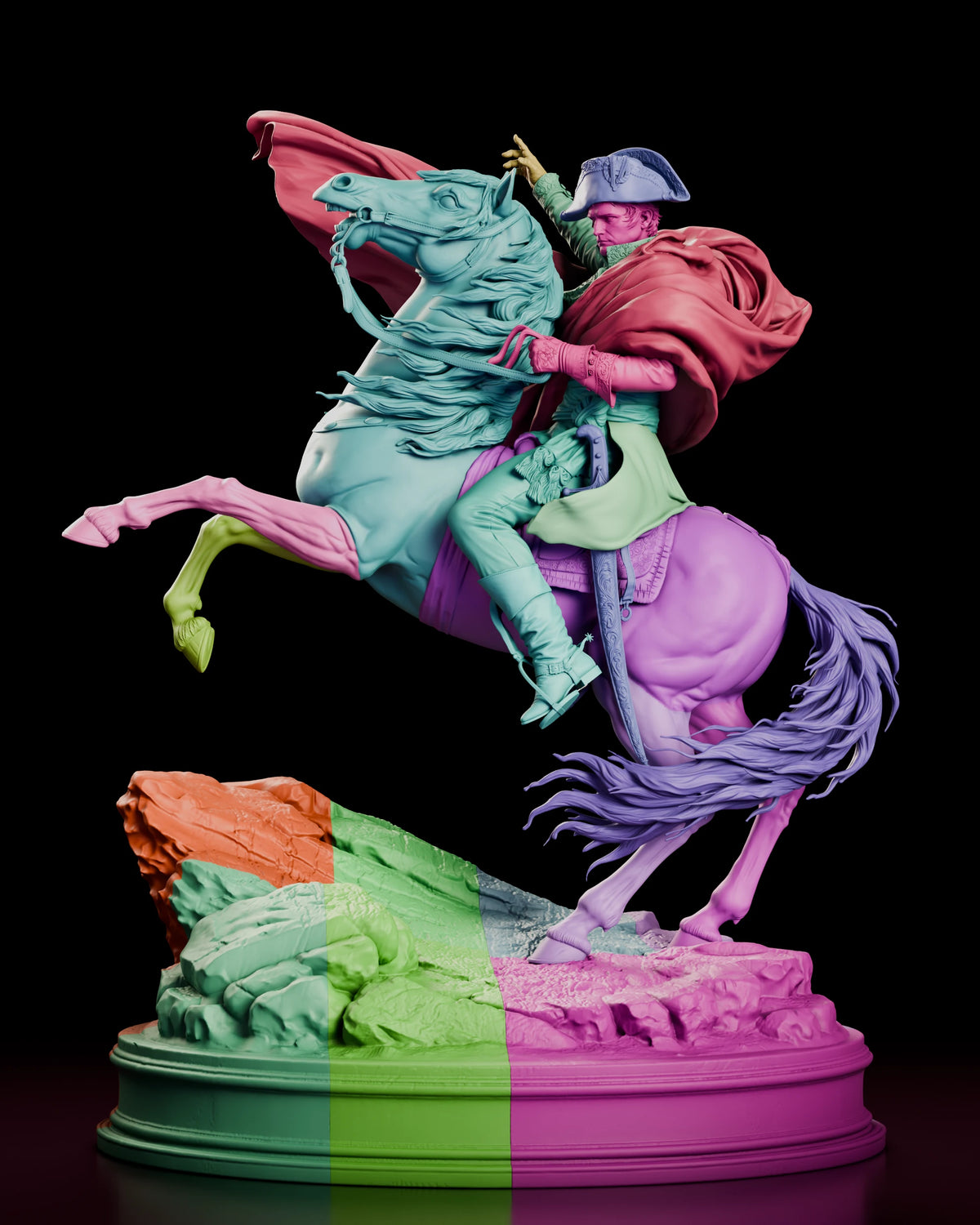 Parts breakdown of the Napoleon on horseback resin kit with the horse, rider, cloak and segmented base shown in separate colours