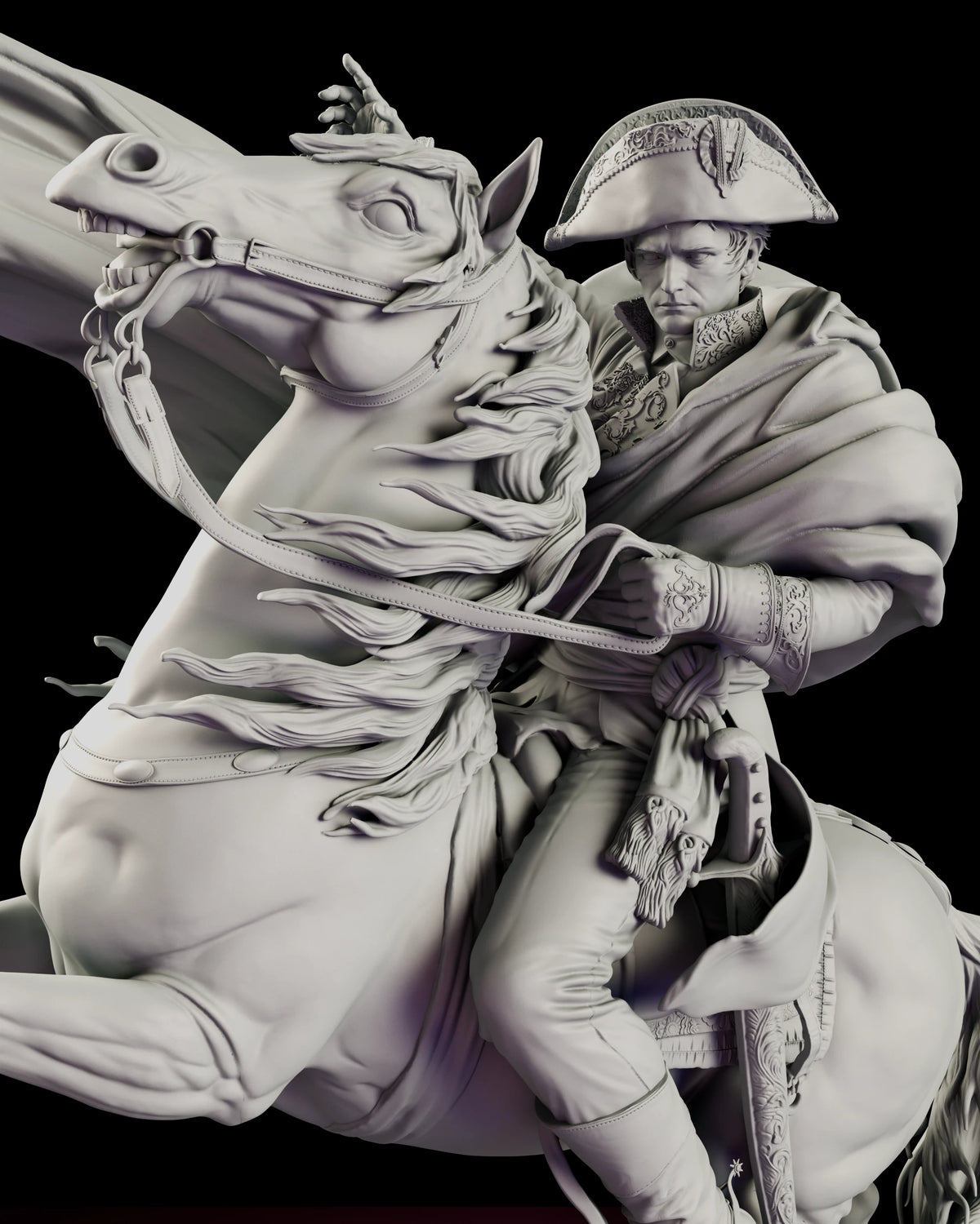 Detail of Napoleon's gloved hand gathering the reins of his rearing horse, showing the bridle, embroidered sleeve cuff, tasselled sash and sabre hilt