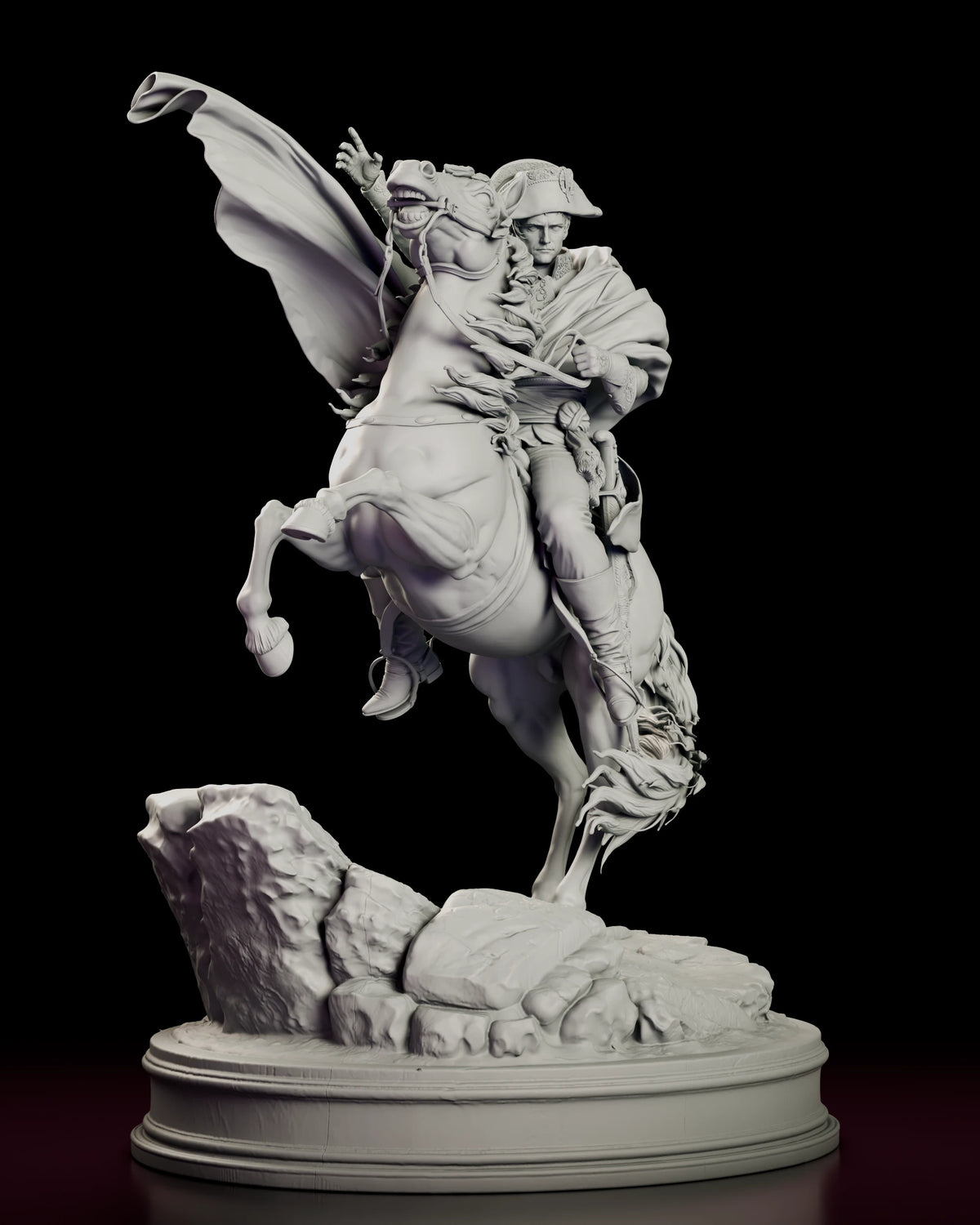 Right view of the Napoleon resin model facing the rearing horse head-on, with the rider's arm raised and the cloak spread wide