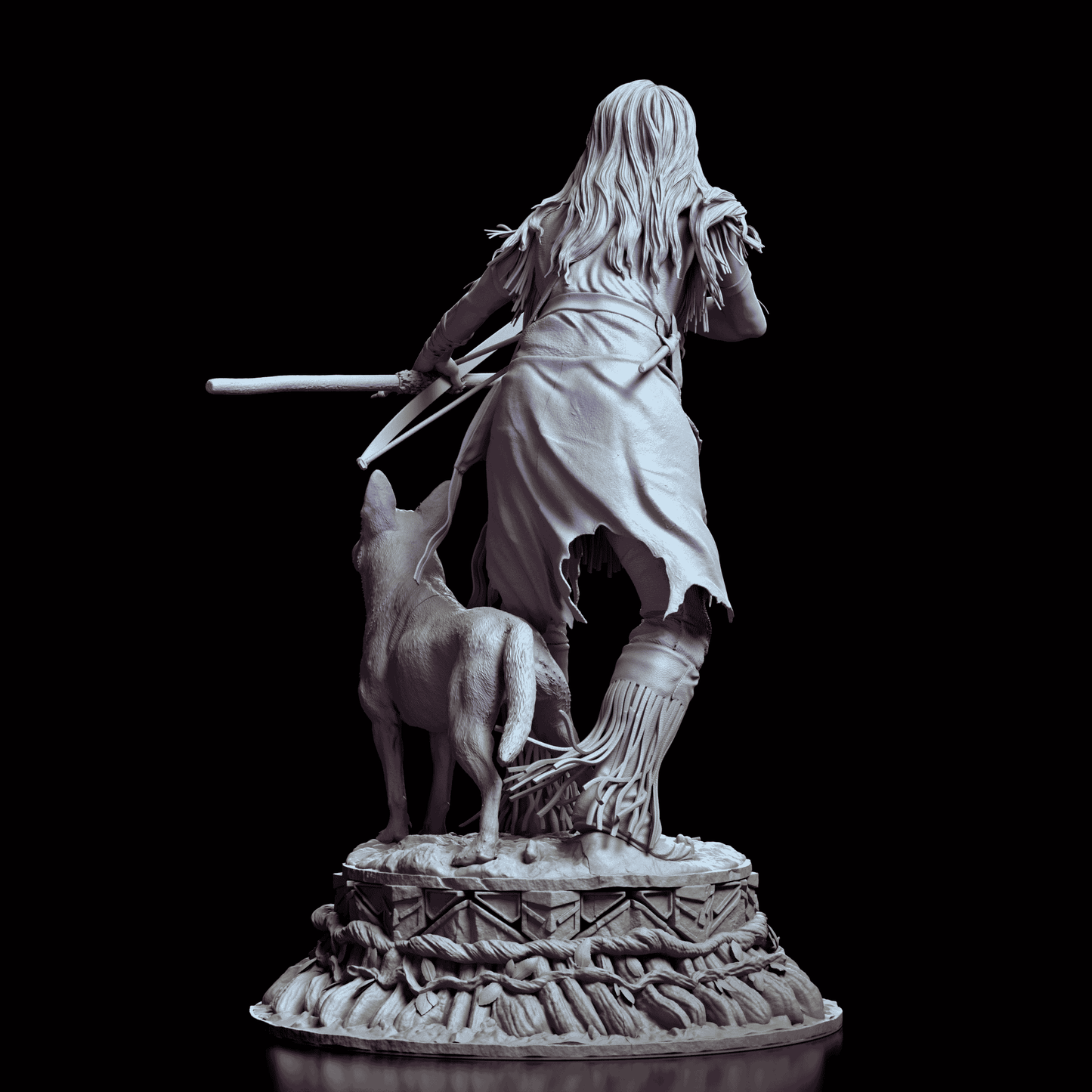 Back view of Naru figure model kit  with her companion dog and bow at ready on a rugged wilderness base  